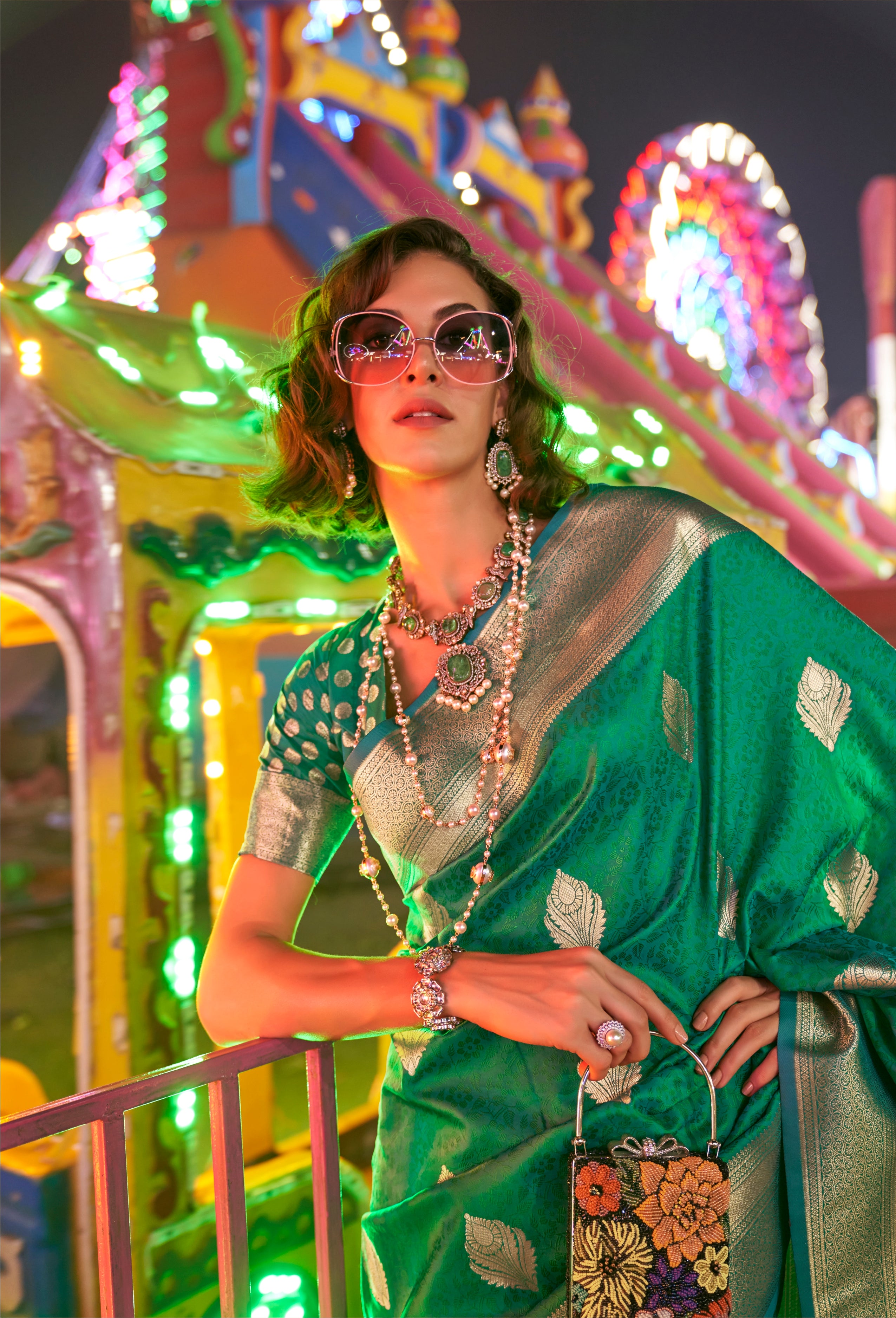 Green Banarasi Silk Saree With Jacquard Woven Work
