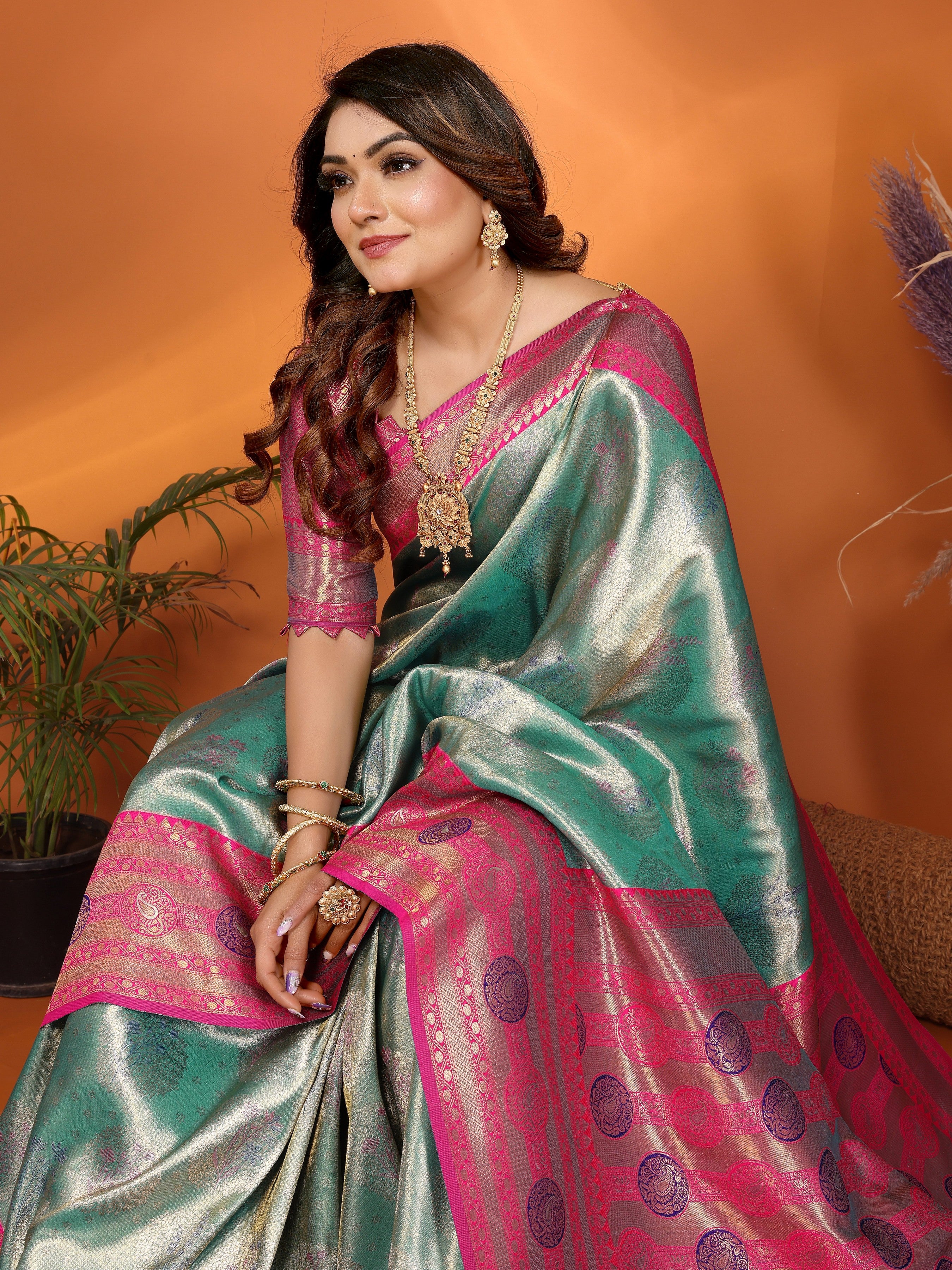 Green Banarasi Tissue Silk Saree With Woven Paithani Designer