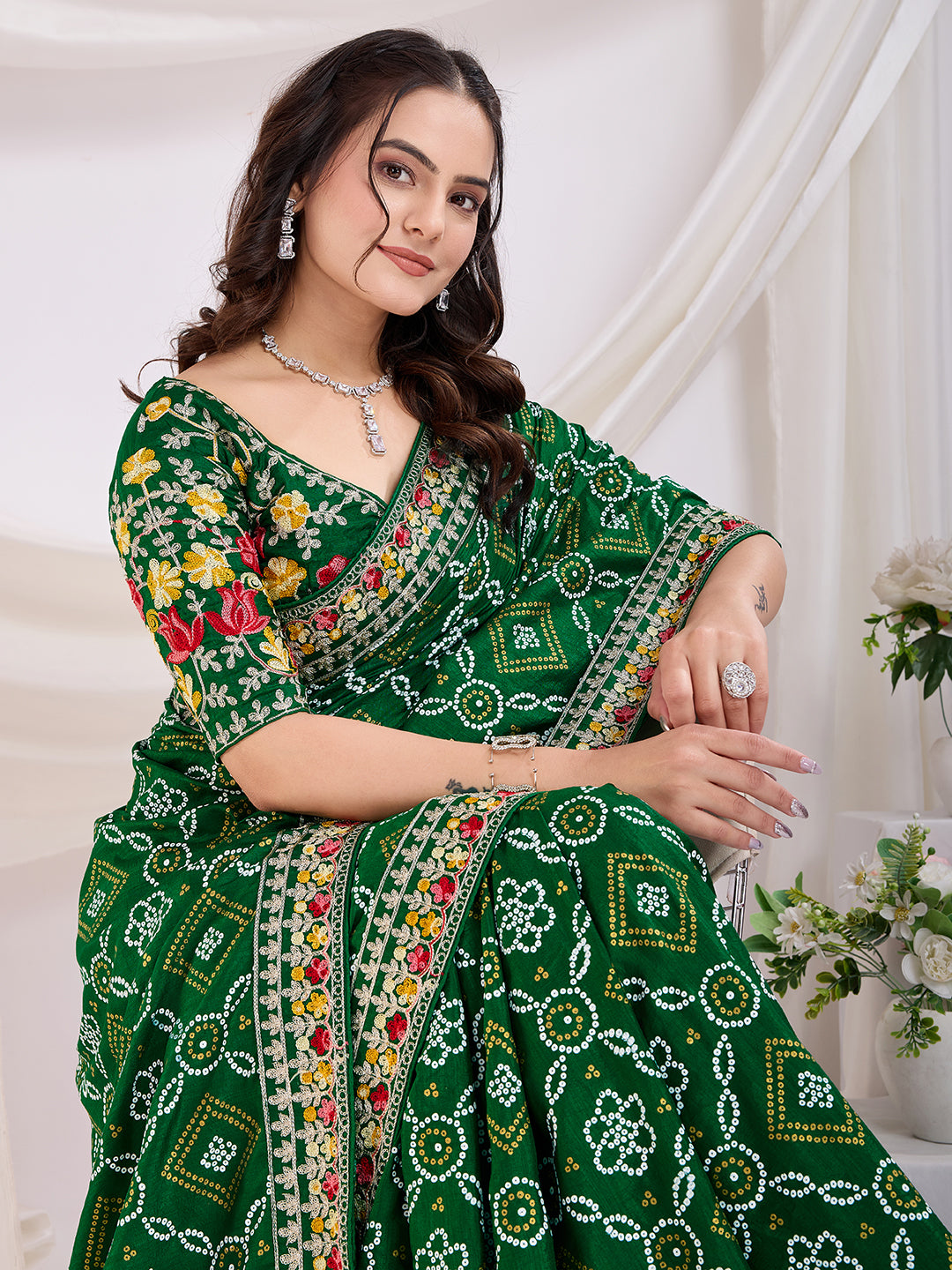 Green Bandhani Printed With Embroidery Work Beautiful Ceremonial Saree