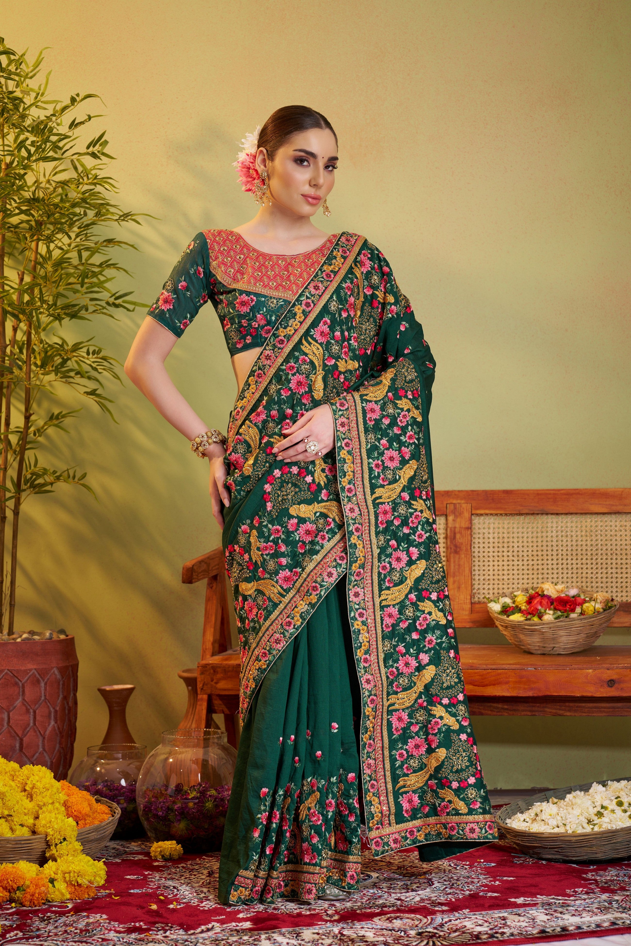 Green Barfi Satin Designer Partywear Saree For Rich Indian Looks