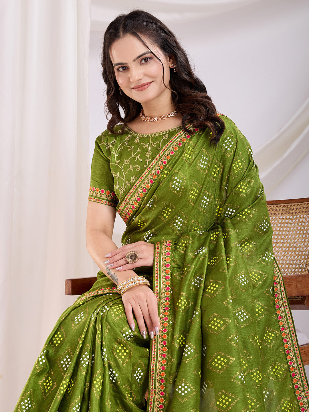 Green Beautiful Bandhej Printed With Embroidery Work Vichitra Silk Saree