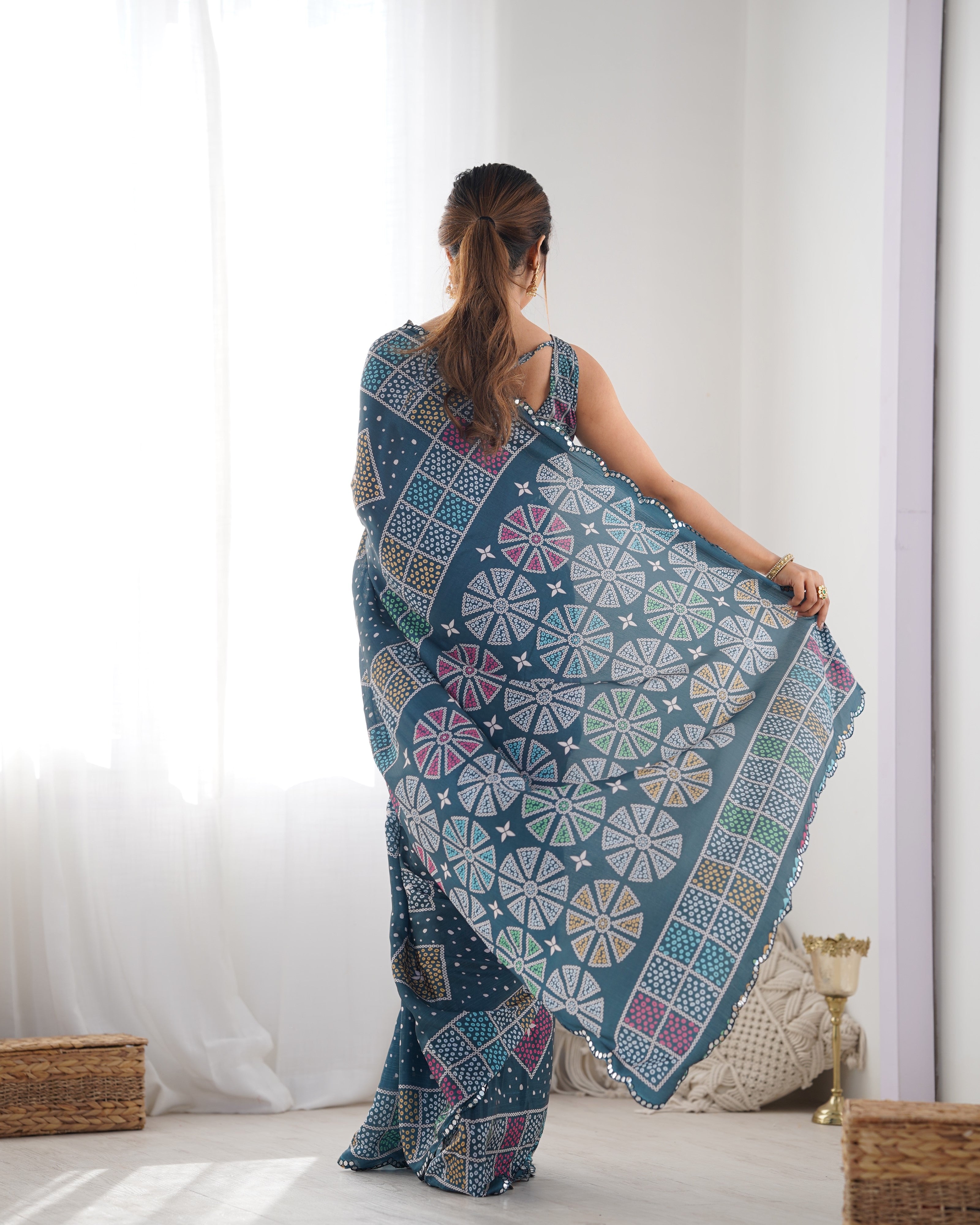 Green Beautiful Chinon Fabric Digital Printed Saree With Mirror Cut Work