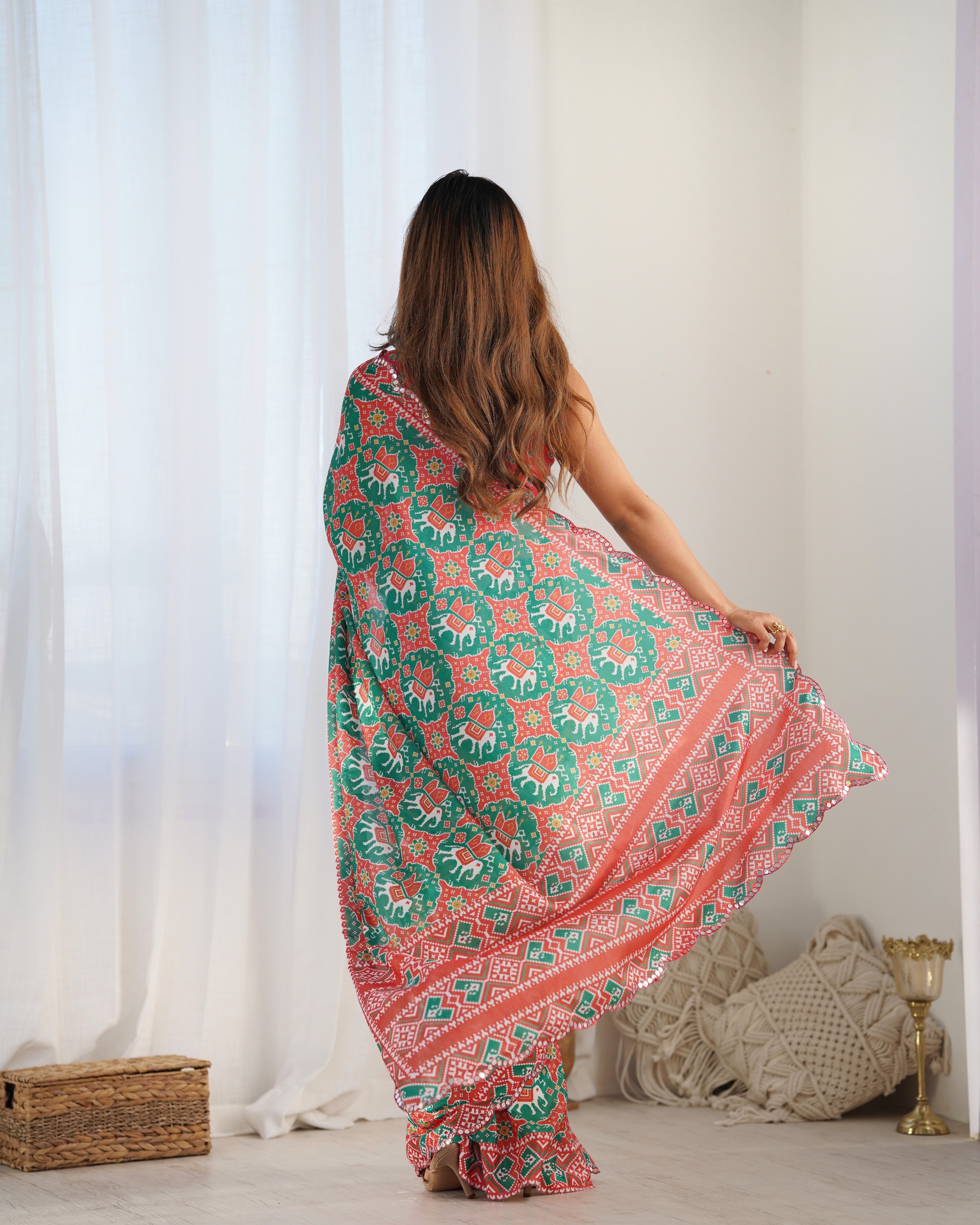 Green Beautiful Chinon Fabric Digital Printed Saree With Mirror Cut Work