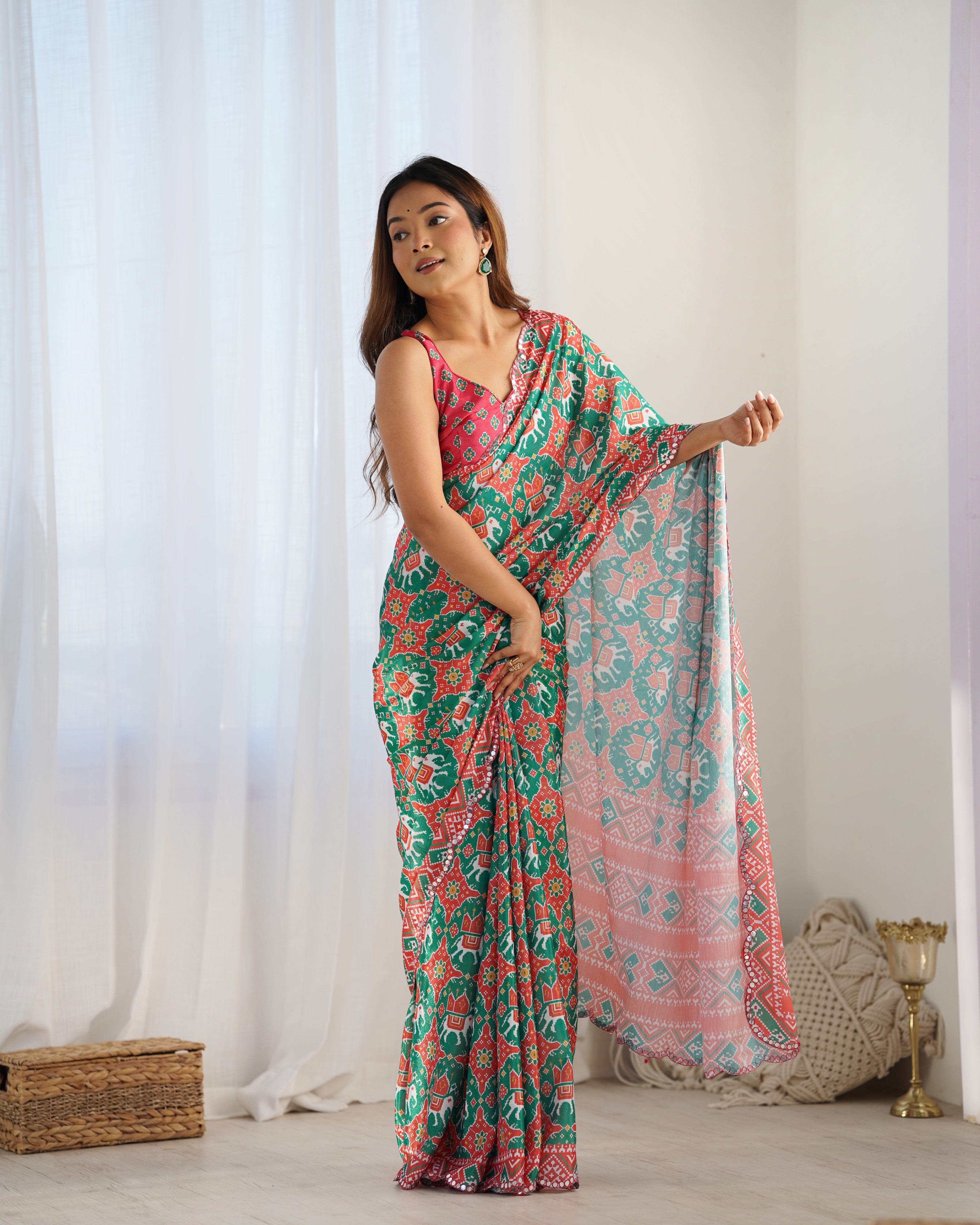 Green Beautiful Chinon Fabric Digital Printed Saree With Mirror Cut Work