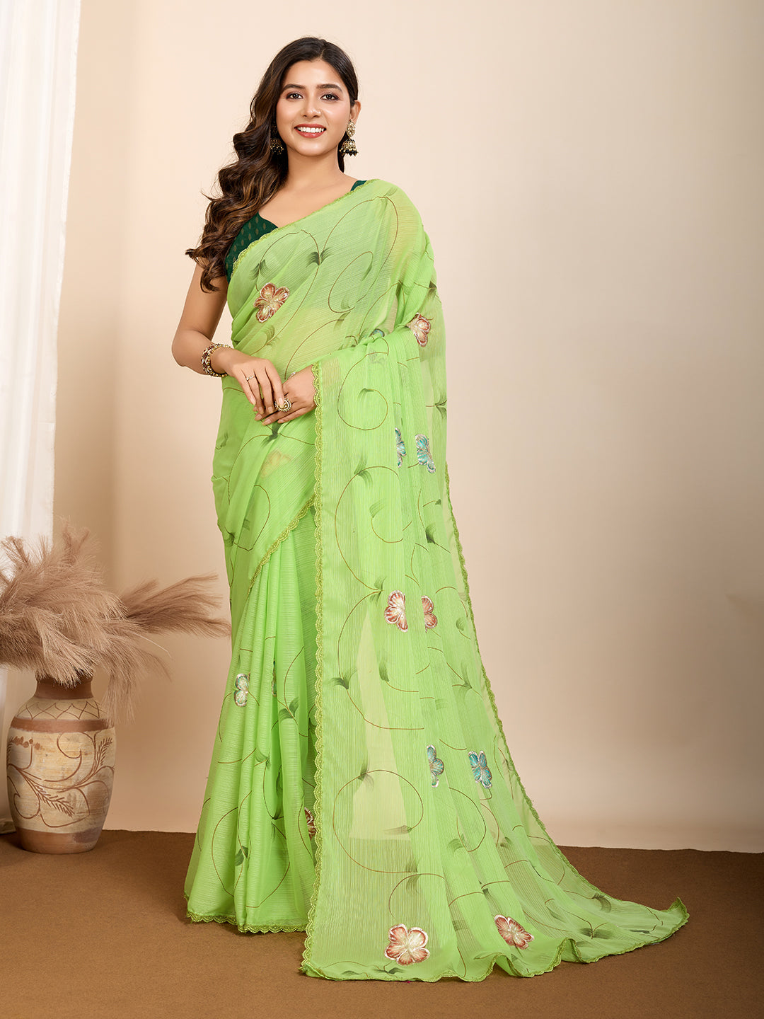 Green Beautiful Designer Brush And Foil Printed Ceremonial Partywear Saree