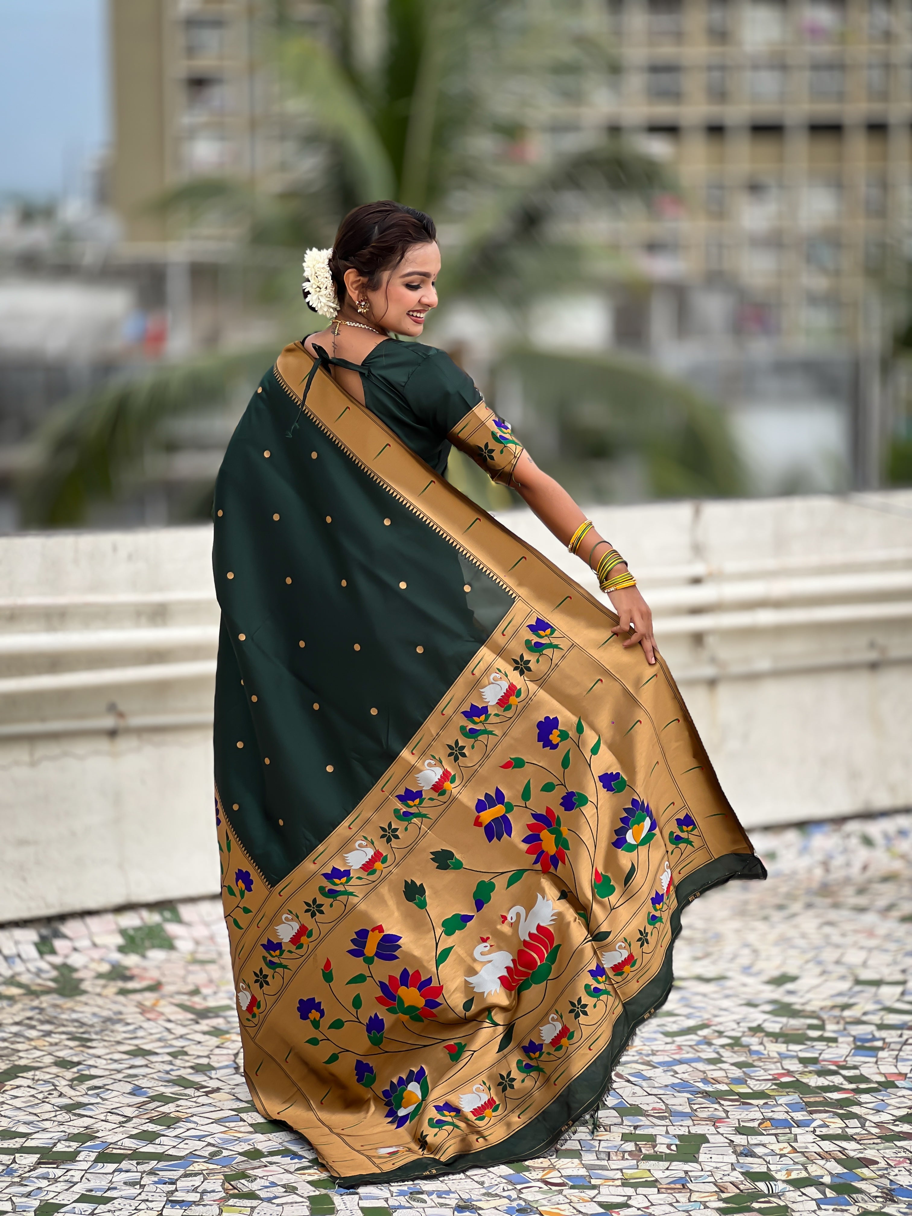 Green Beautiful Woven Meenakari Polka Designer Paithani Silk Ethnic Graceful Saree