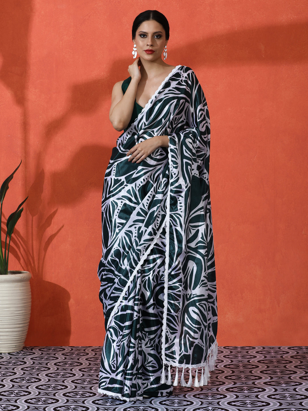 Green Chinon Designer Digital Printed Saree For Ceremonial Looks