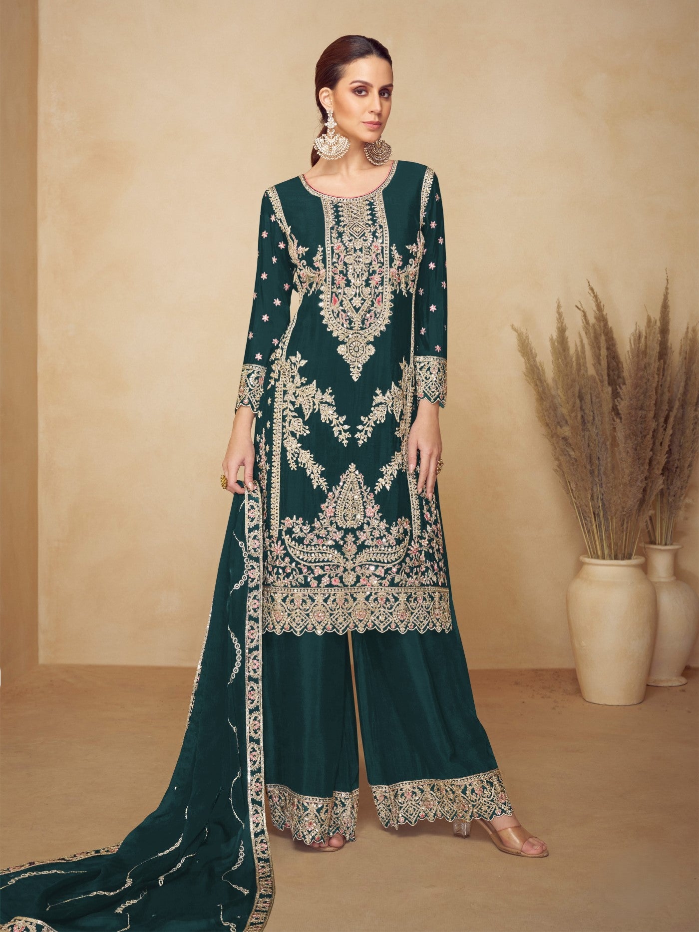 Green Chinon Designer Suit Set With Elegant Embroidery