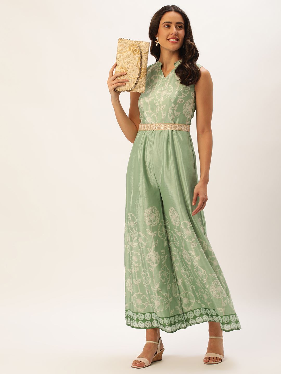 Green Chinon Jumpsuit With Floral Digital Print