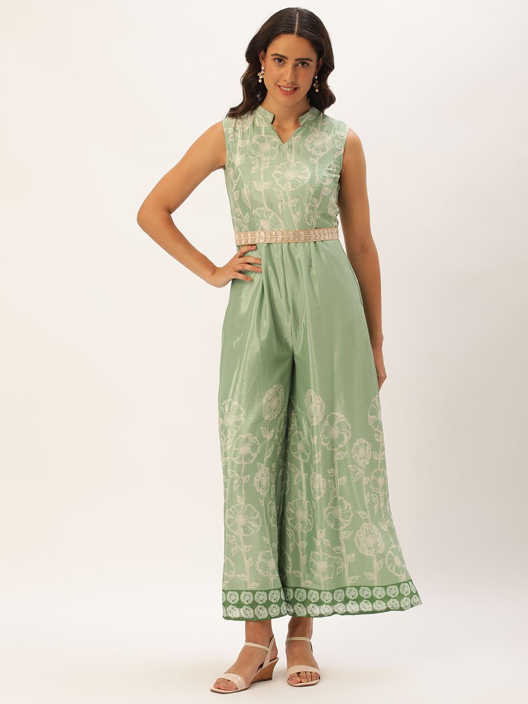Green Chinon Jumpsuit With Floral Digital Print