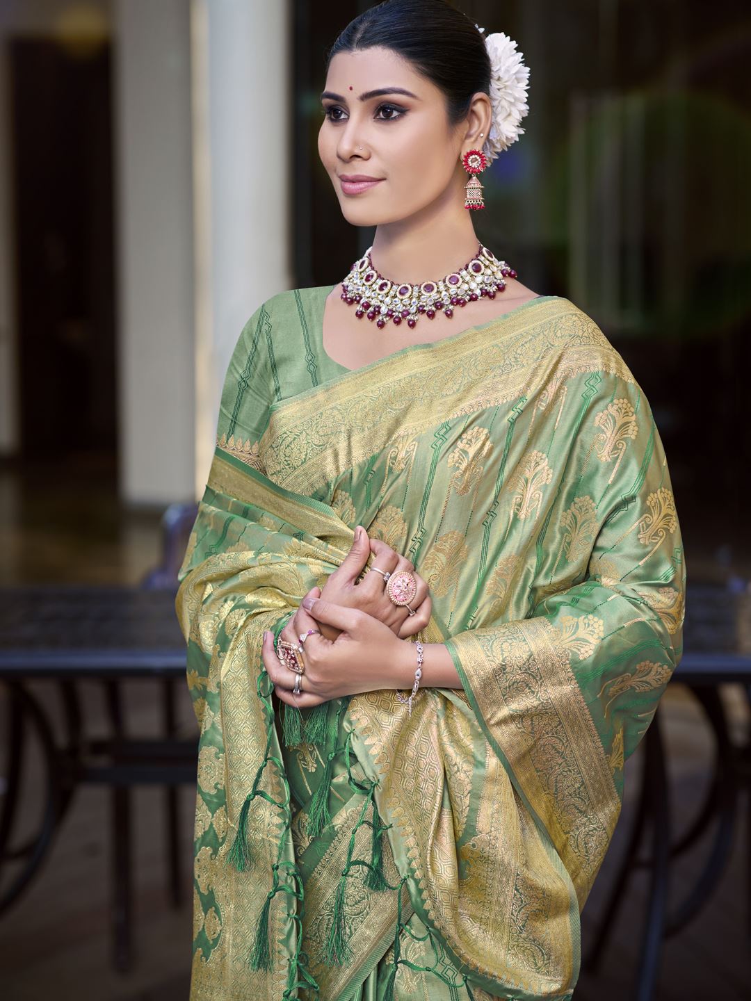 Green Color Satin Silk Classic Saree