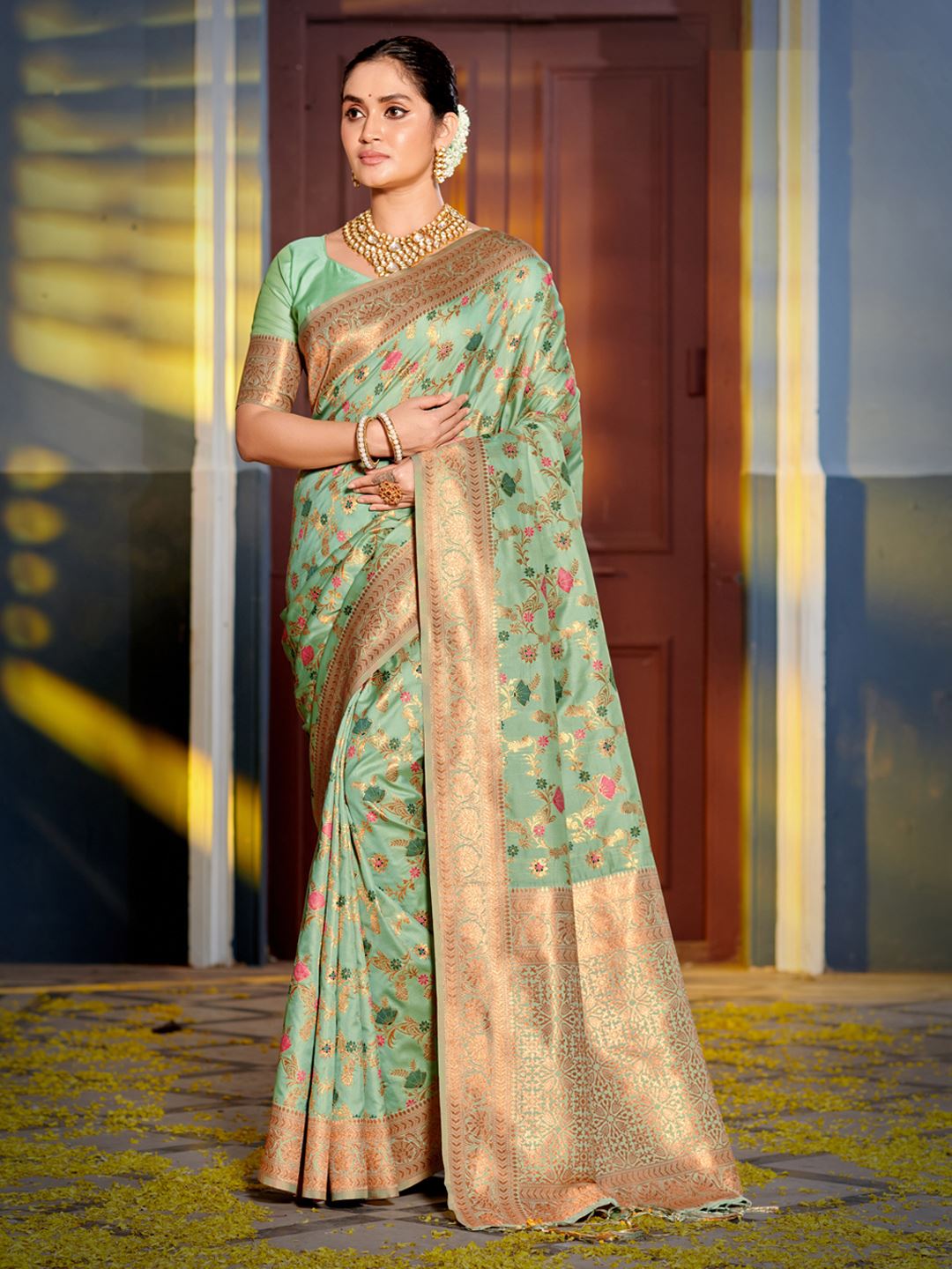 Green Color Woven Design Banarasi Silk Saree