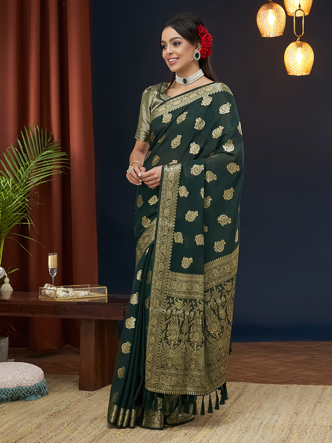 Green Colour Georgette Designer Zari Woven Saree For Partywear Looks