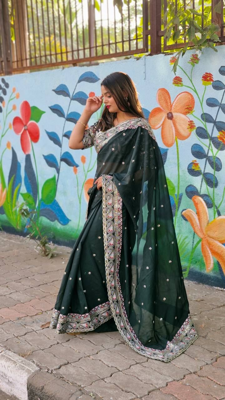 Green Colour Taby Silk Embroidery Work Saree