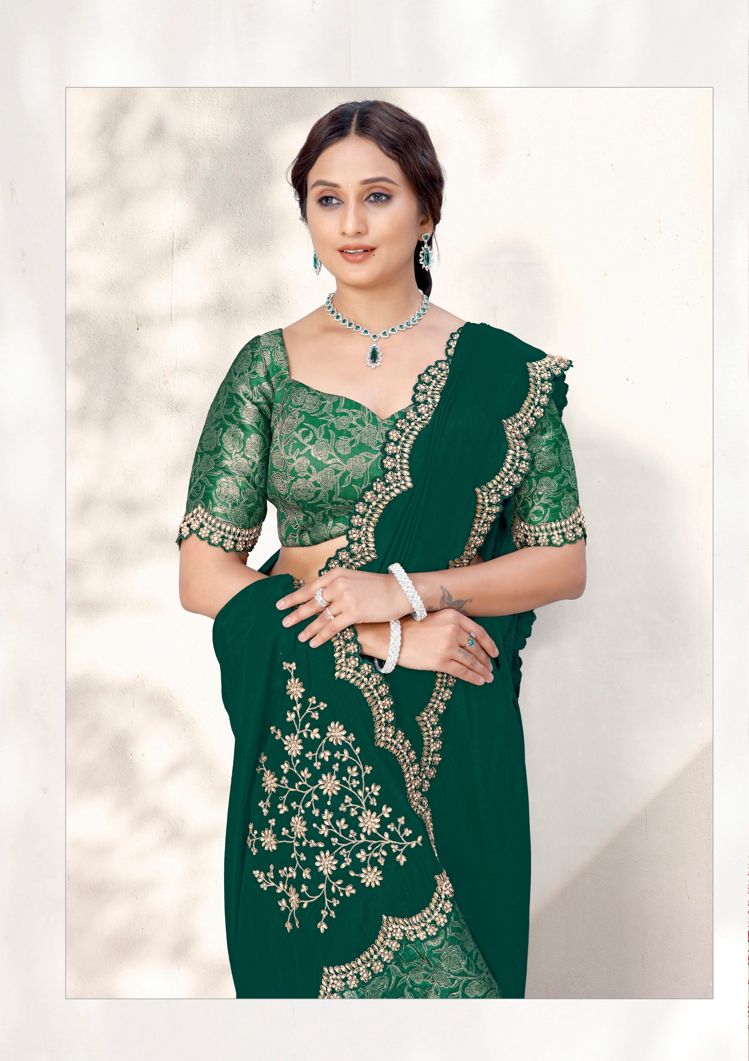 Green Crepe Silk Heavy Embroidery Work Wedding Wear Saree
