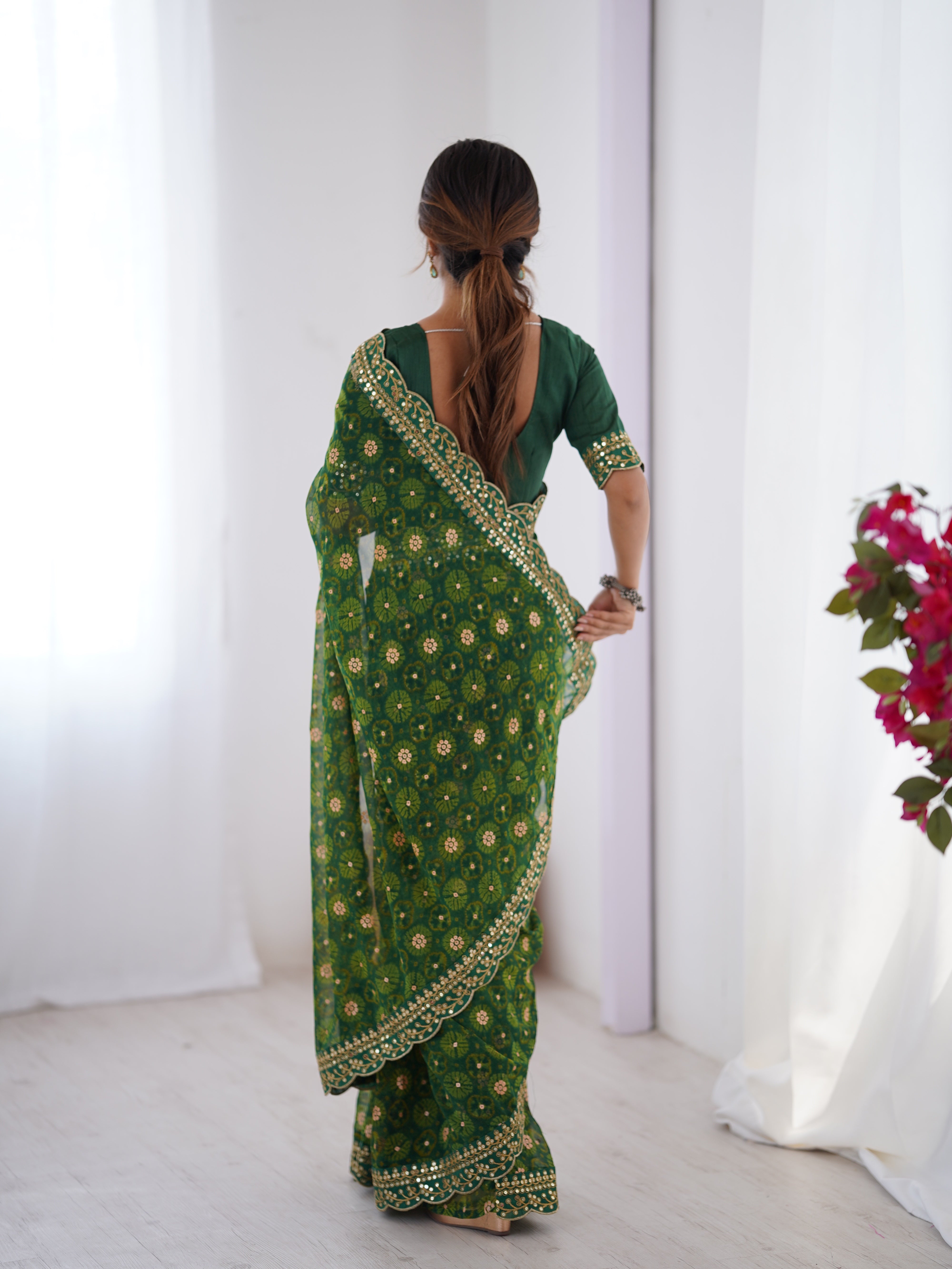 Green Designer Printed With Embroidery Lace Work Georgette Festive Saree