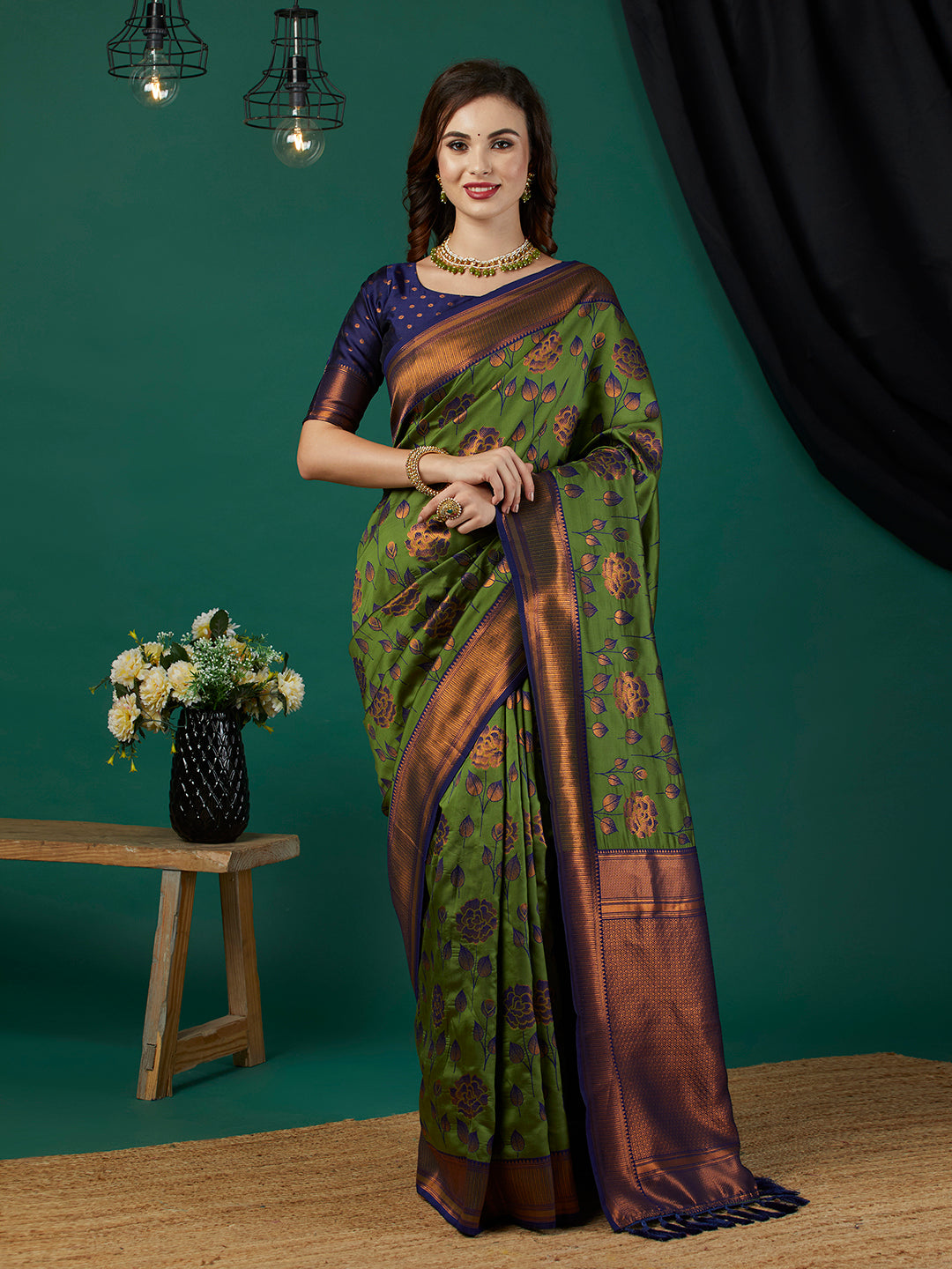 Green Ethnic Banarasi Silk Saree With Floral Woven Designer Looks