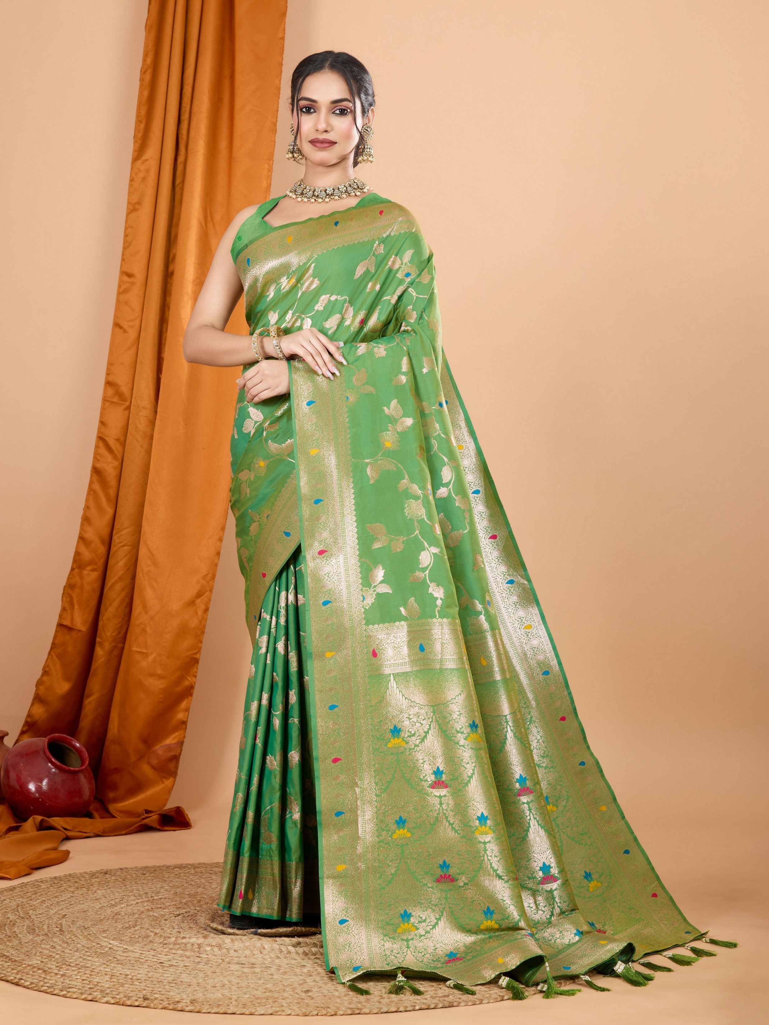Green Ethnic Banarasi Silk Saree With Woven Jari Designer Work