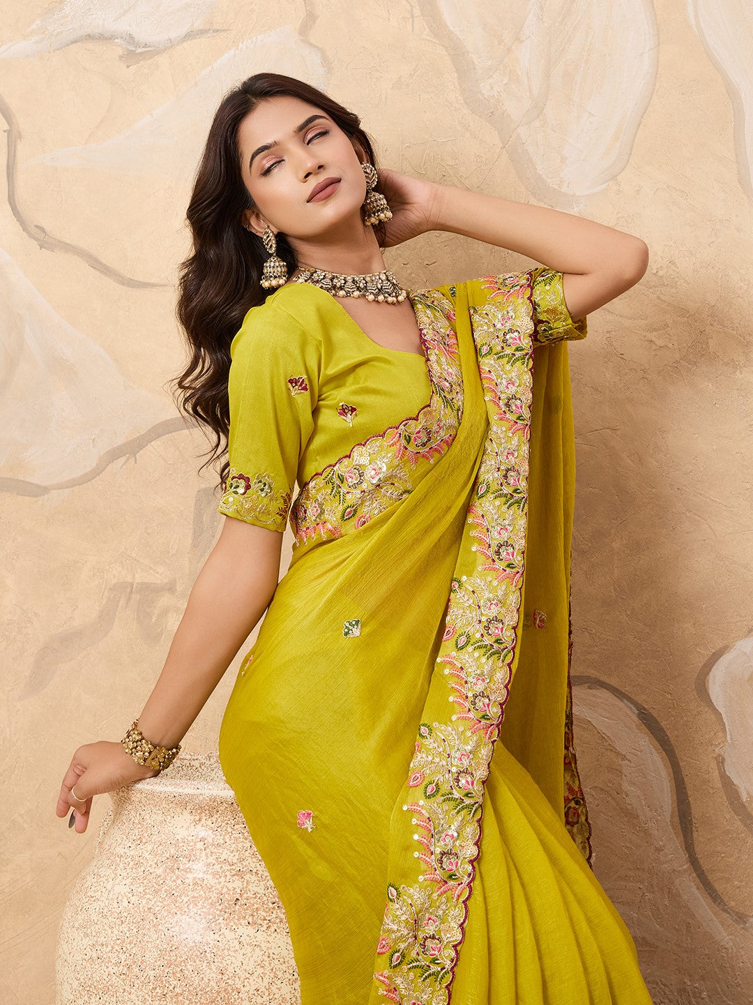 Green Fendy Chiffon Saree With Elegant Embroidery