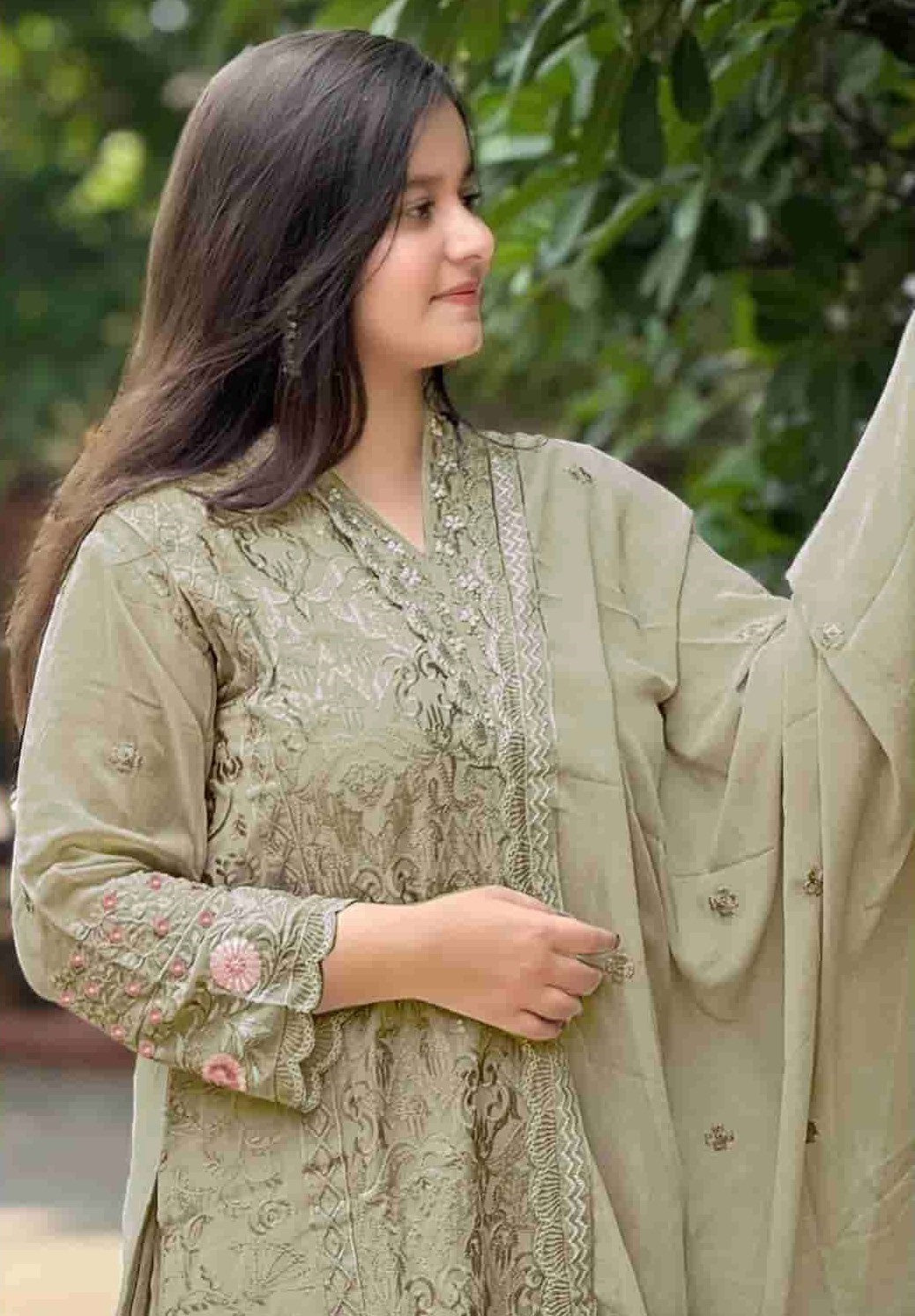 Green Georgette Designer Suit Set With Intricate Embroidery
