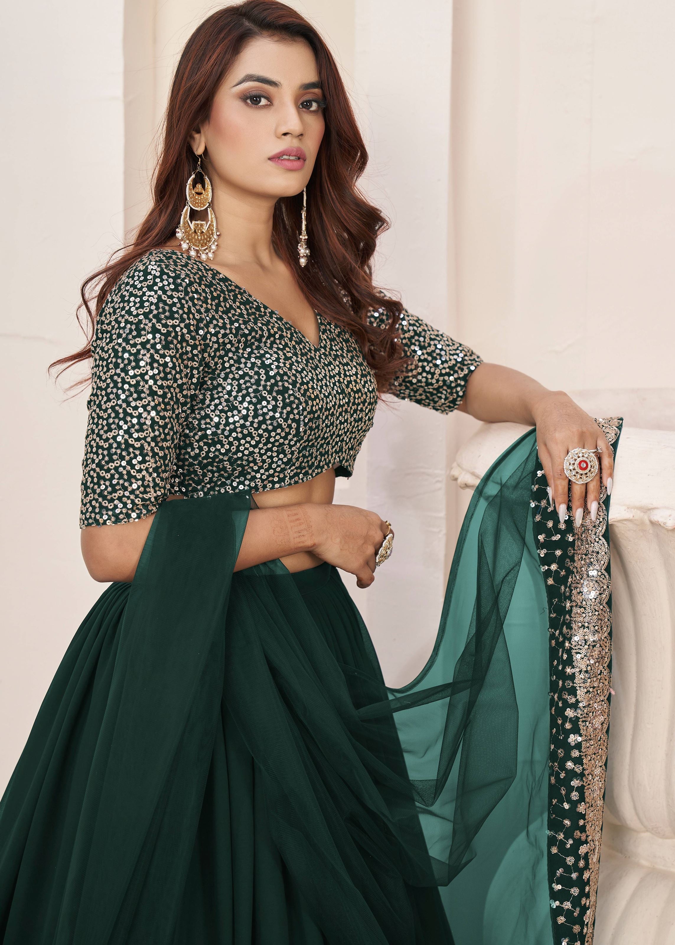 Green Georgette Lehenga Choli With Sequins Zari Embroidered Work