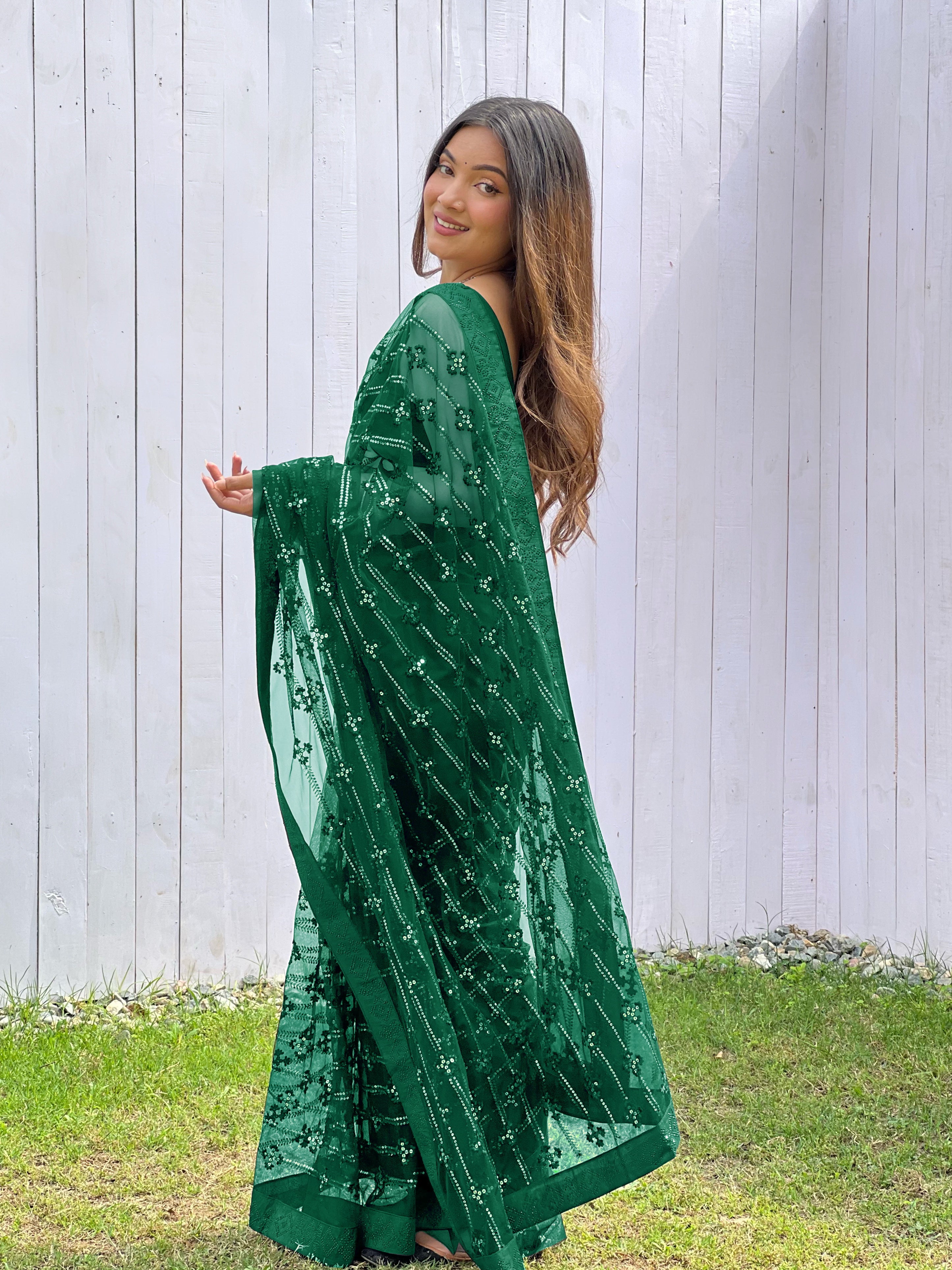 Green Graceful Butterfly Net Sequins Embroidery Saree With Diamond Work