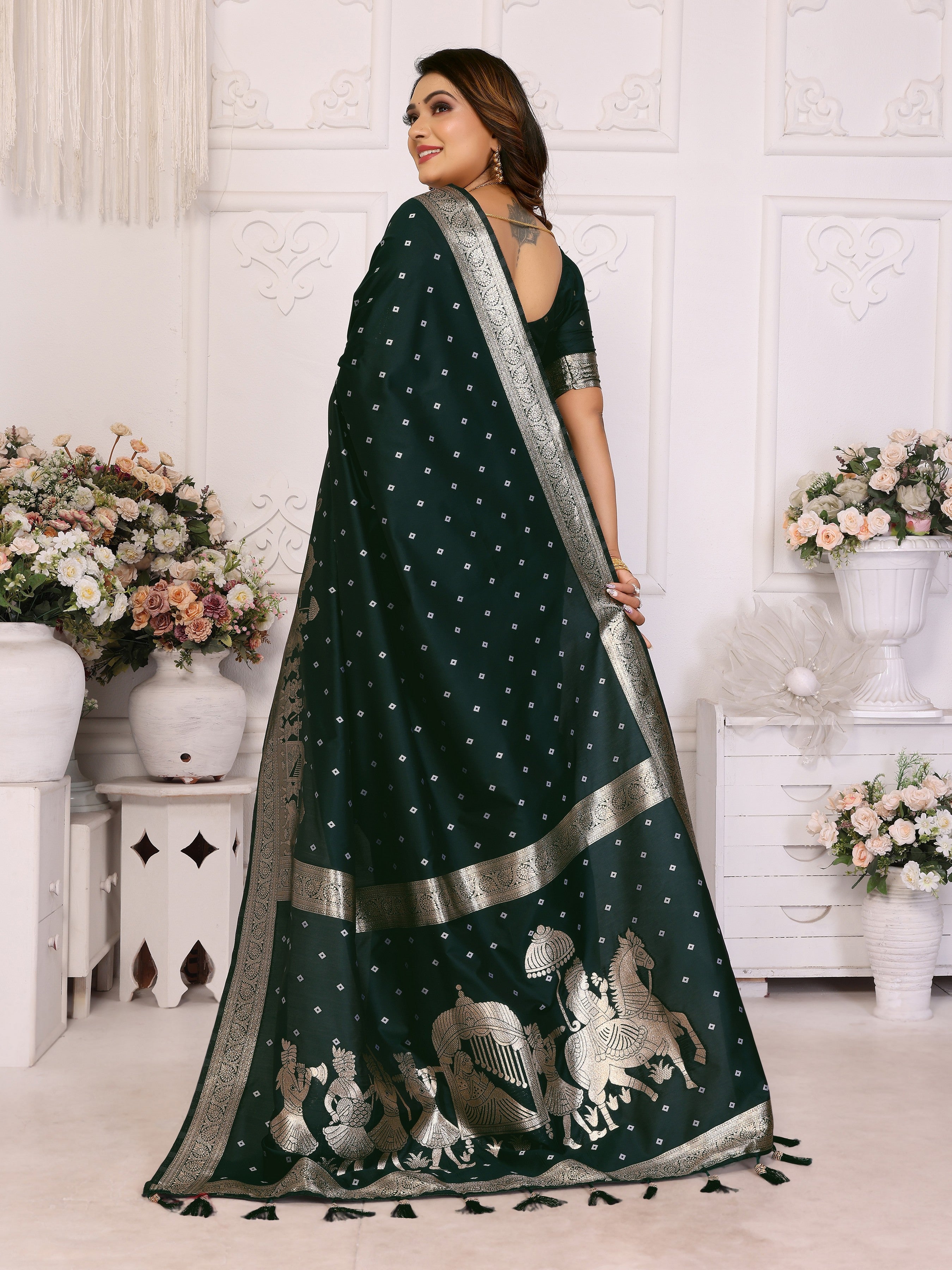 Green Kochi Silk Ethnic Woven Jari Bandhej Designer Festive Saree