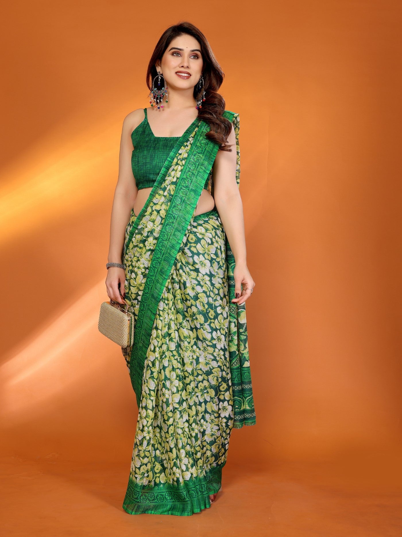 Green Kota Doriya Saree With Traditional Printed Design