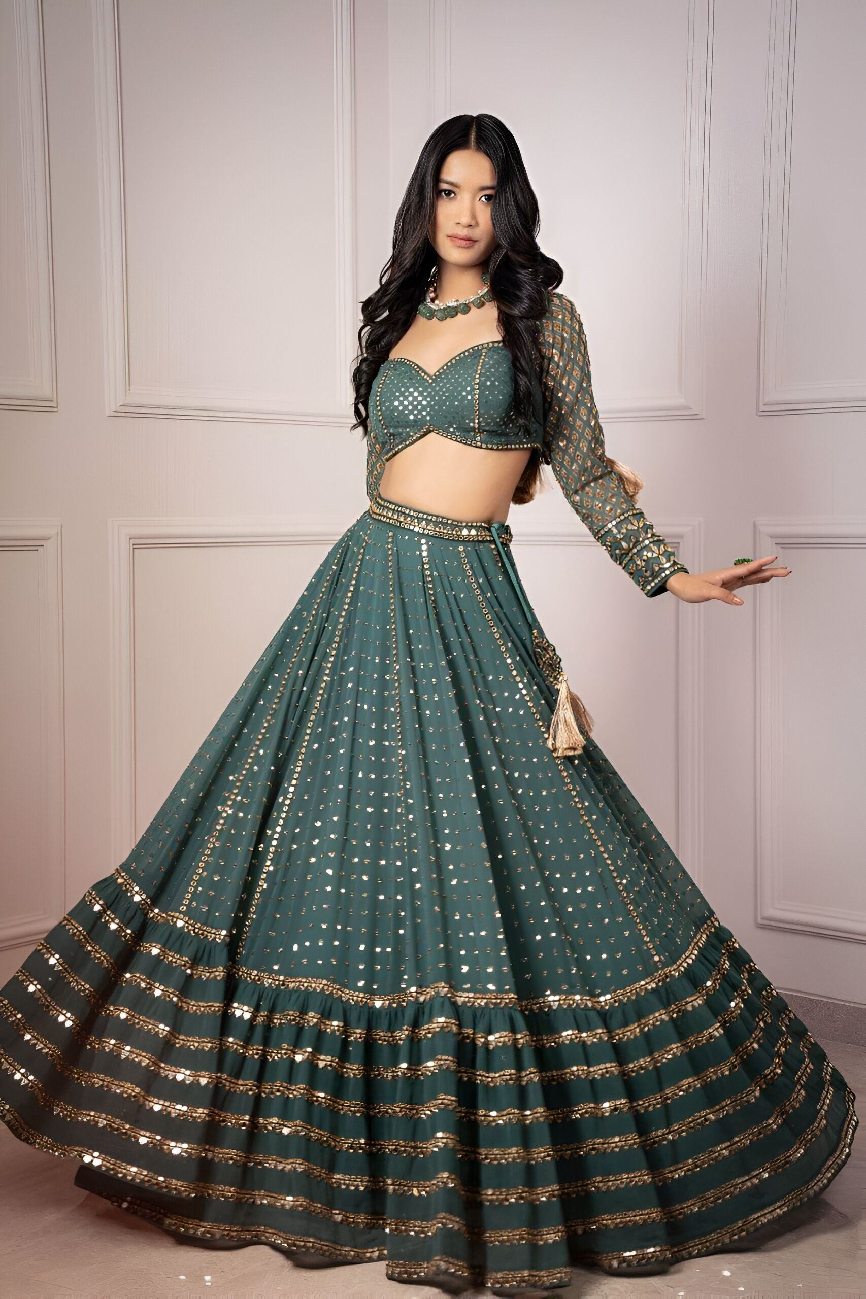 Green Lehenga Choli With Sequence With Thread And Jari Embroidery Work