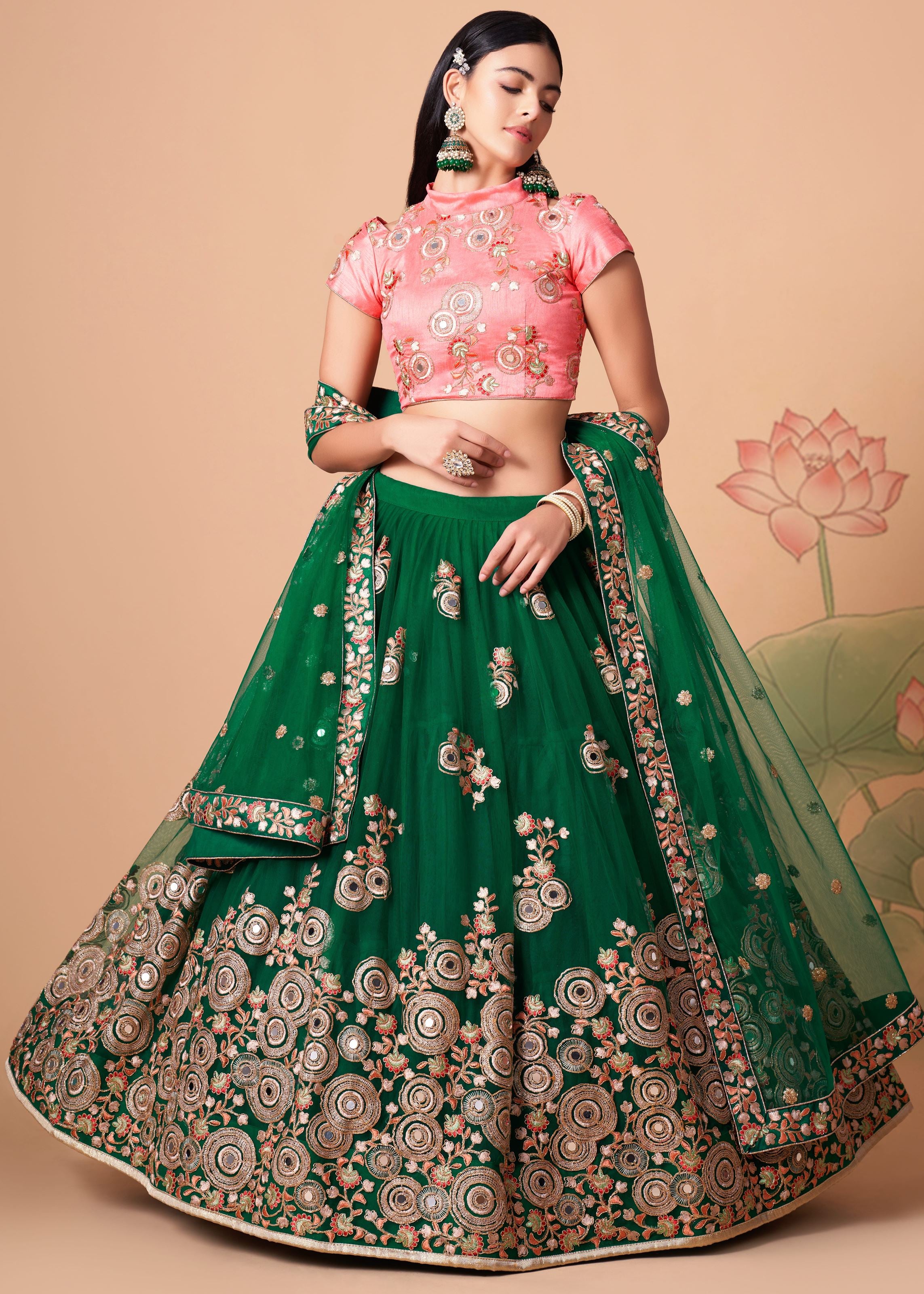 Green Lehenga Choli With Thread, Zari, Dori And Sequins Embroidery With Mirror Work