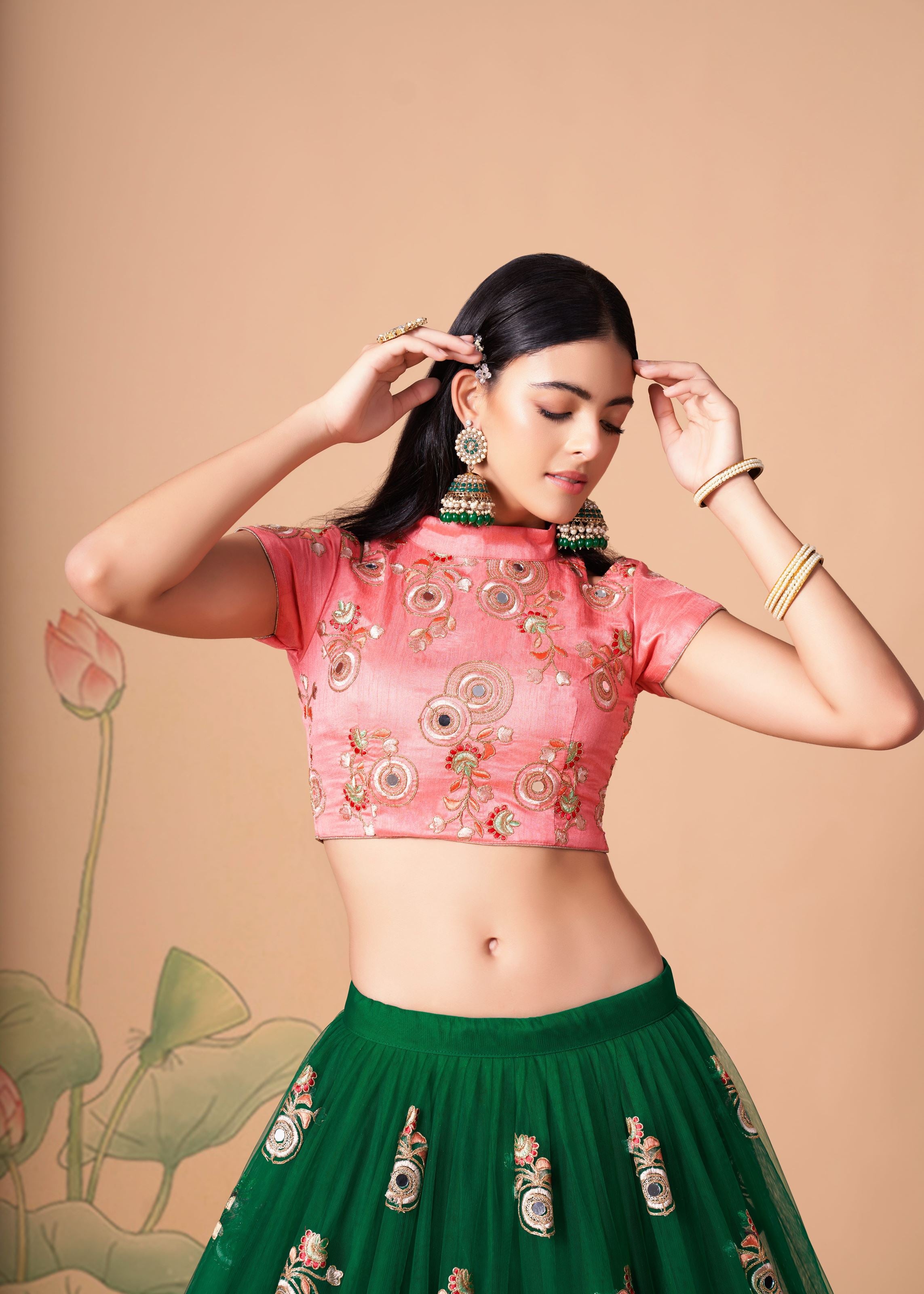 Green Lehenga Choli With Thread, Zari, Dori And Sequins Embroidery With Mirror Work
