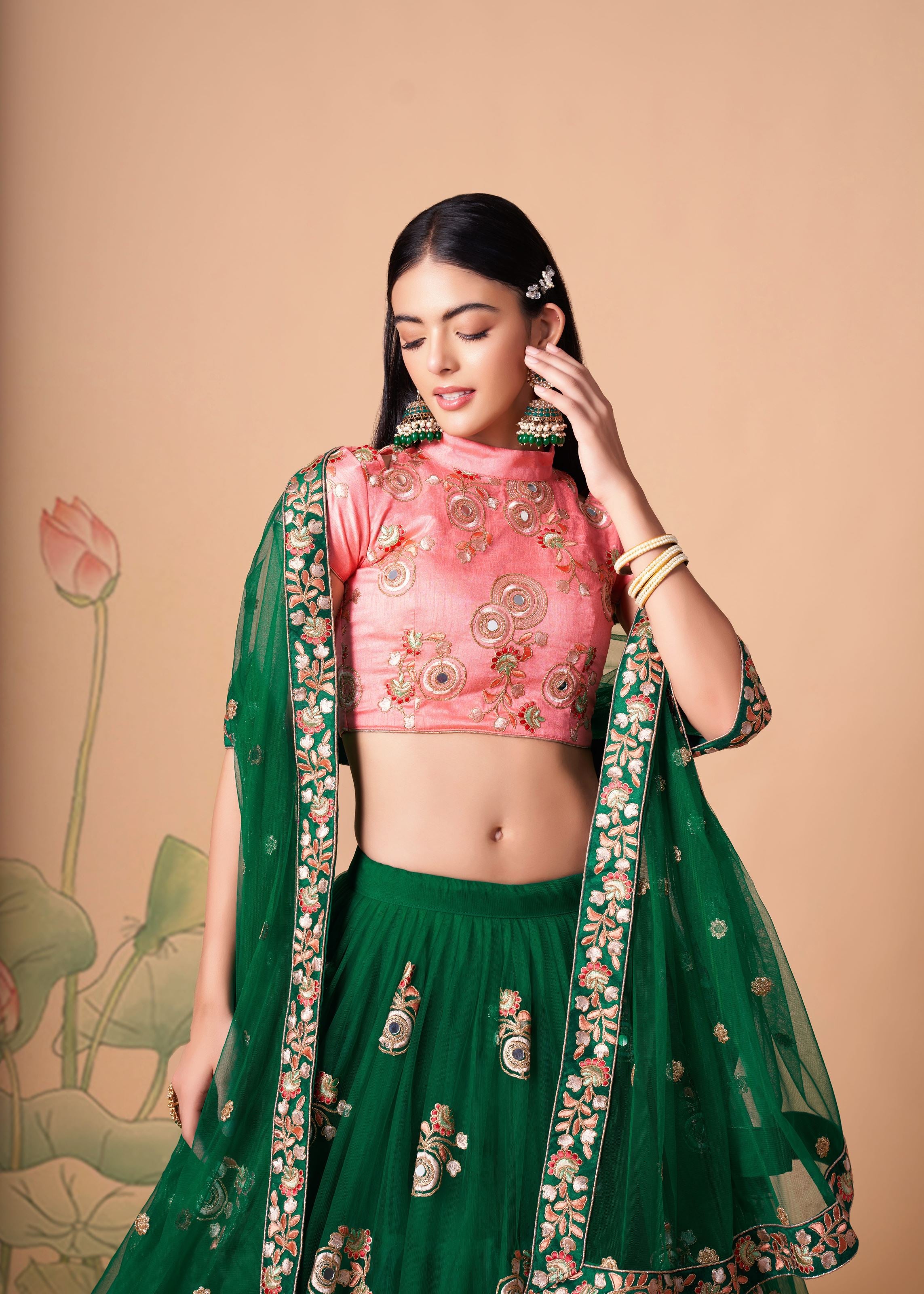 Green Lehenga Choli With Thread, Zari, Dori And Sequins Embroidery With Mirror Work