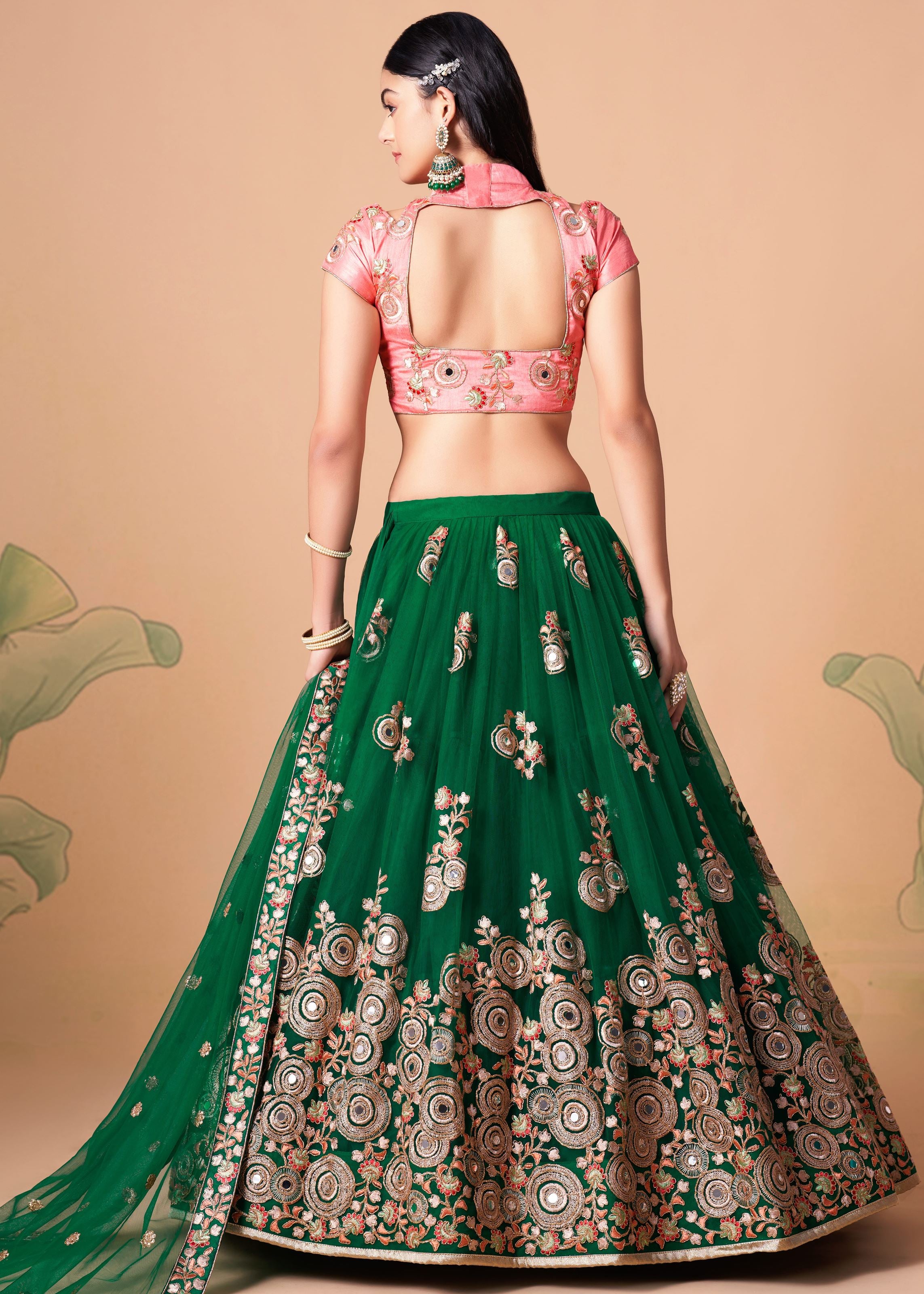 Green Lehenga Choli With Thread, Zari, Dori And Sequins Embroidery With Mirror Work