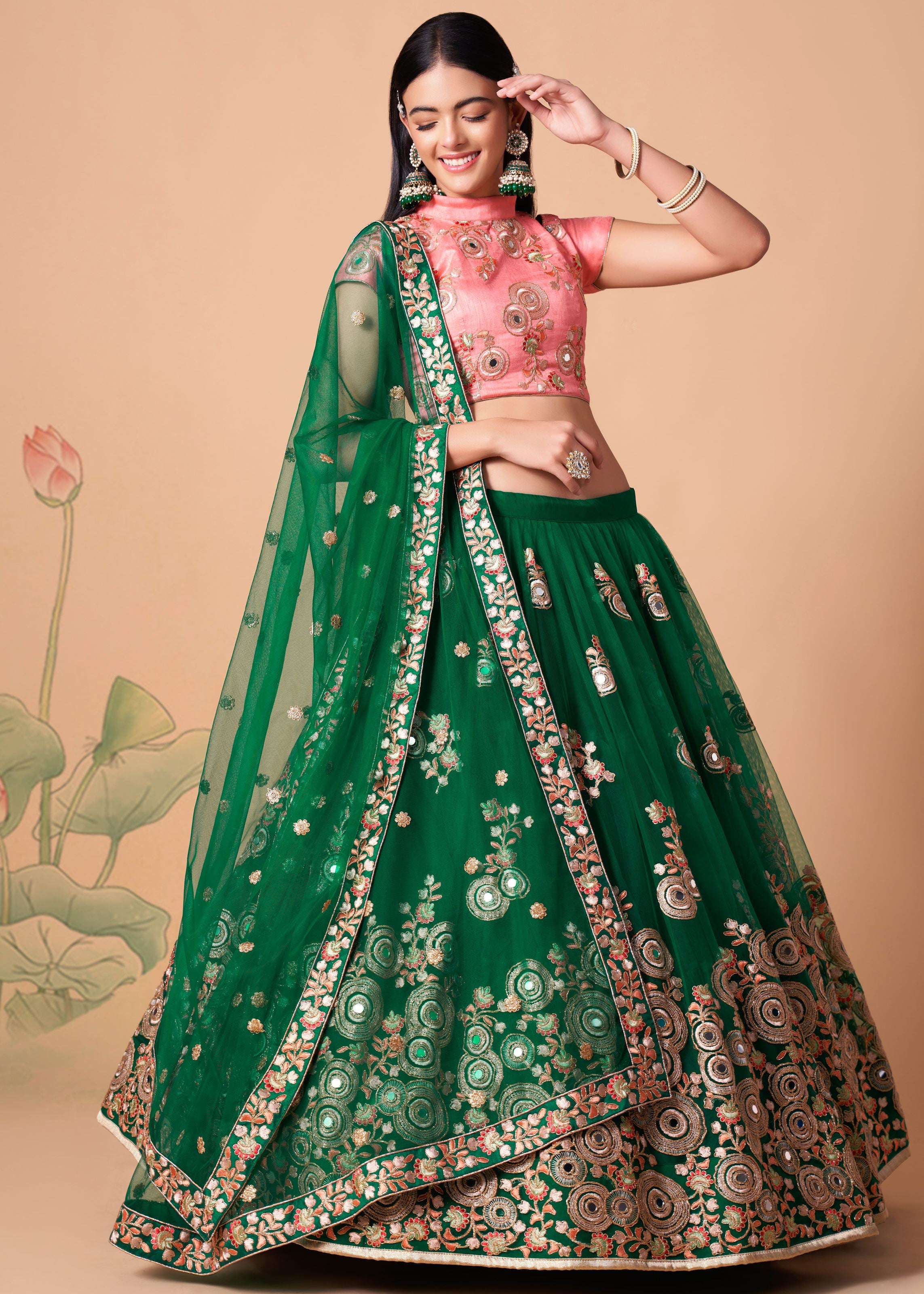 Green Lehenga Choli With Thread, Zari, Dori And Sequins Embroidery With Mirror Work