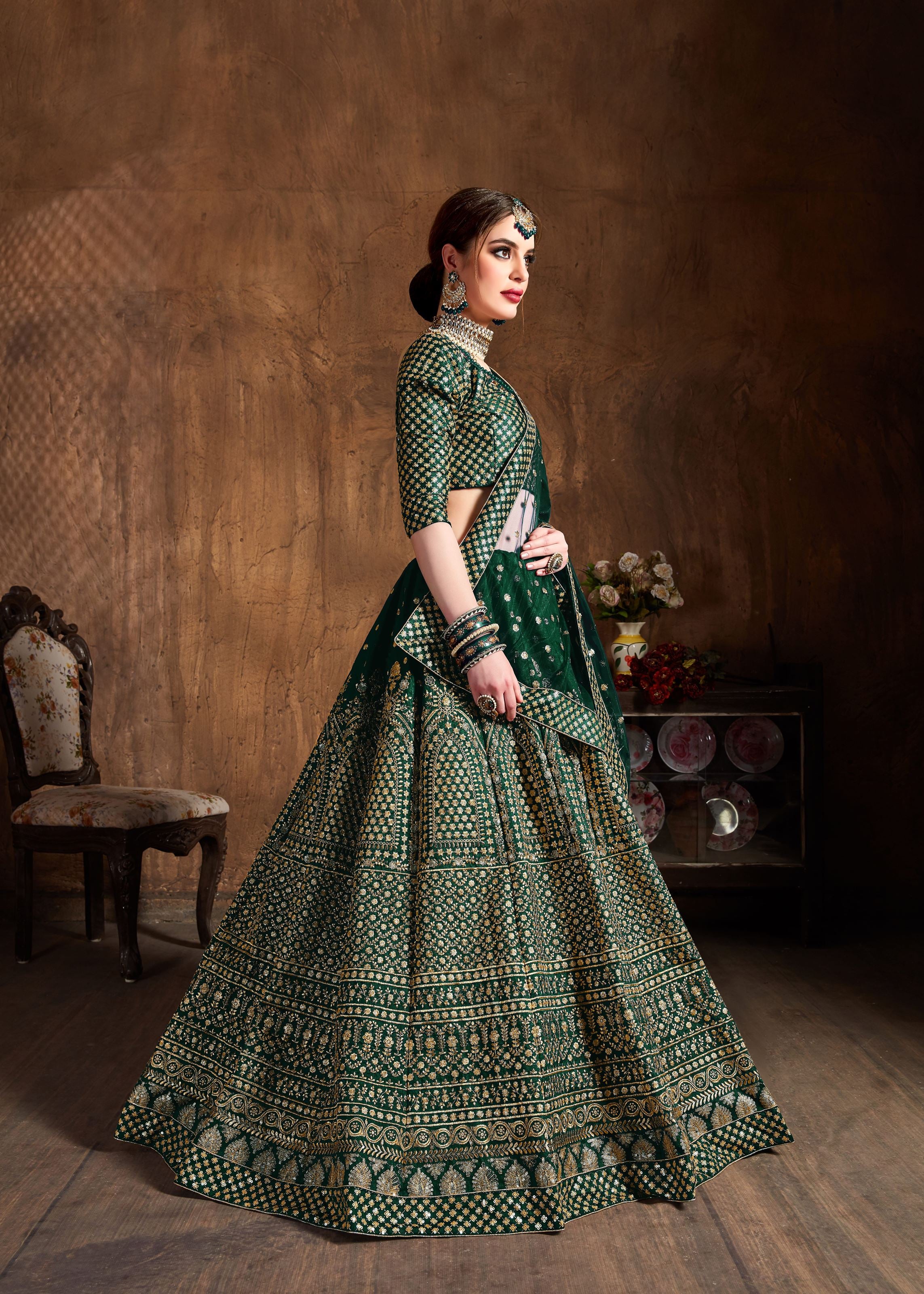 Green Lehenga Choli With Zari And Glitter Sequins Embroidery