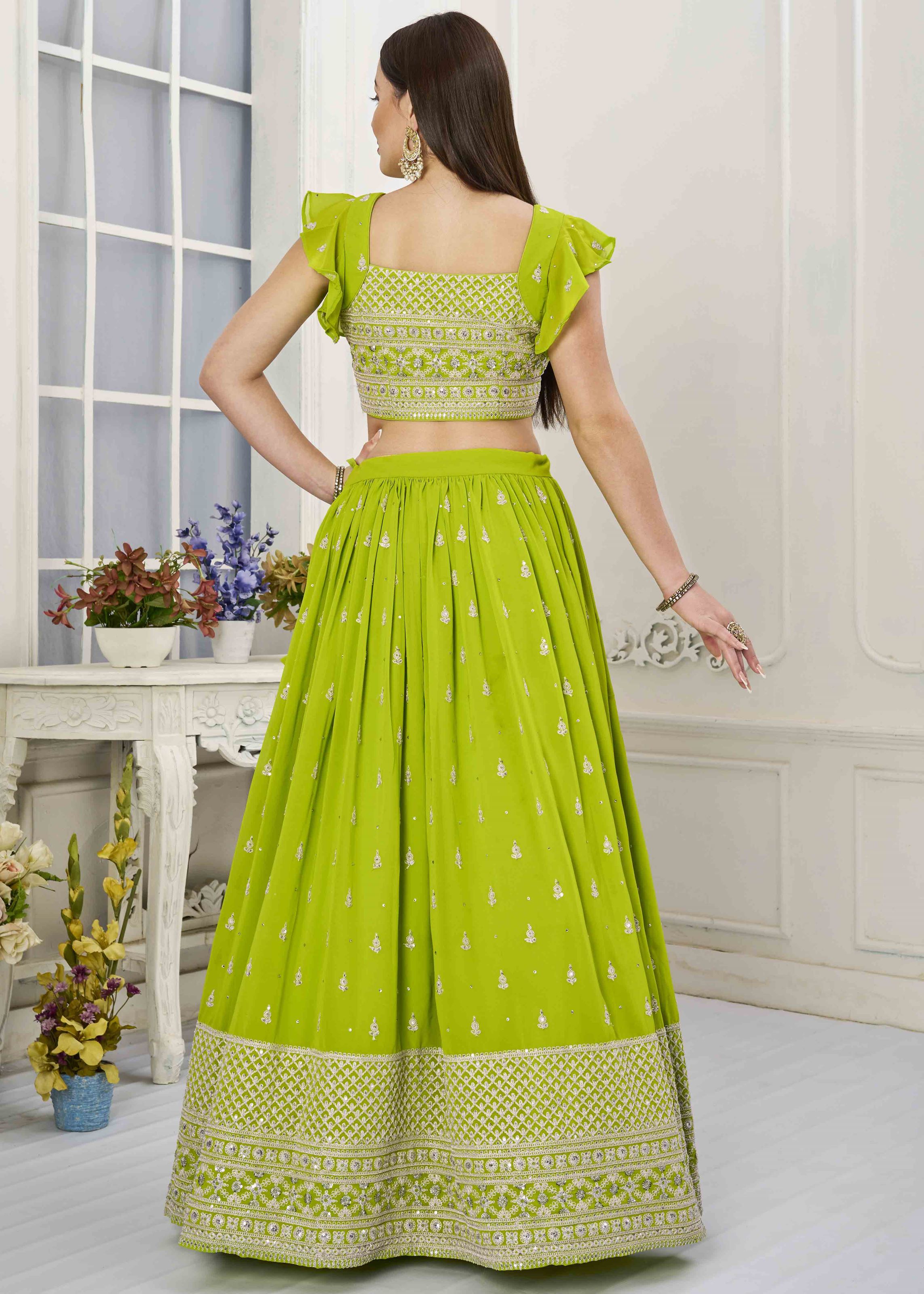 Green Lehenga Choli with Thread and Coading Embroidery With Sequins Work