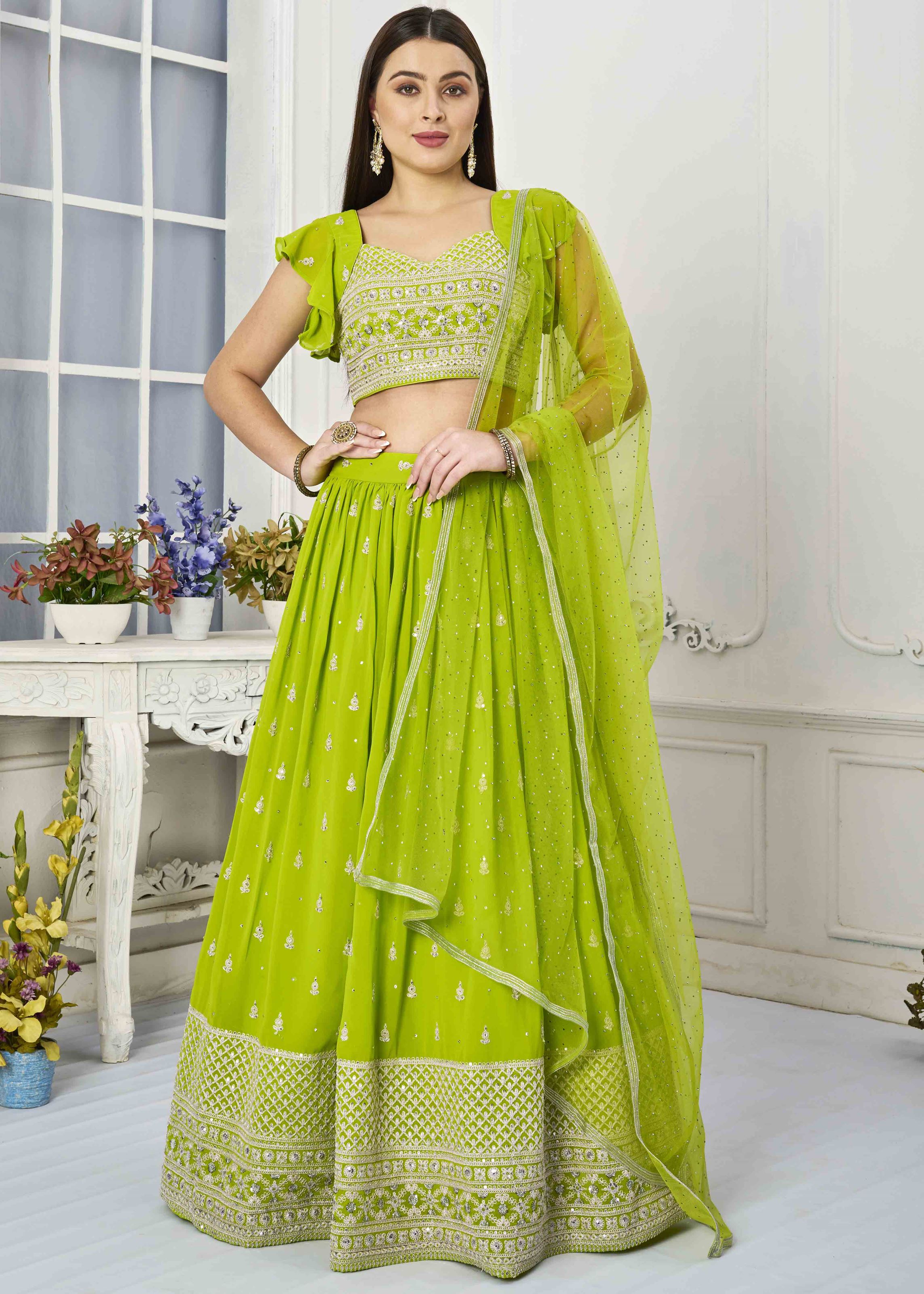 Green Lehenga Choli with Thread and Coading Embroidery With Sequins Work