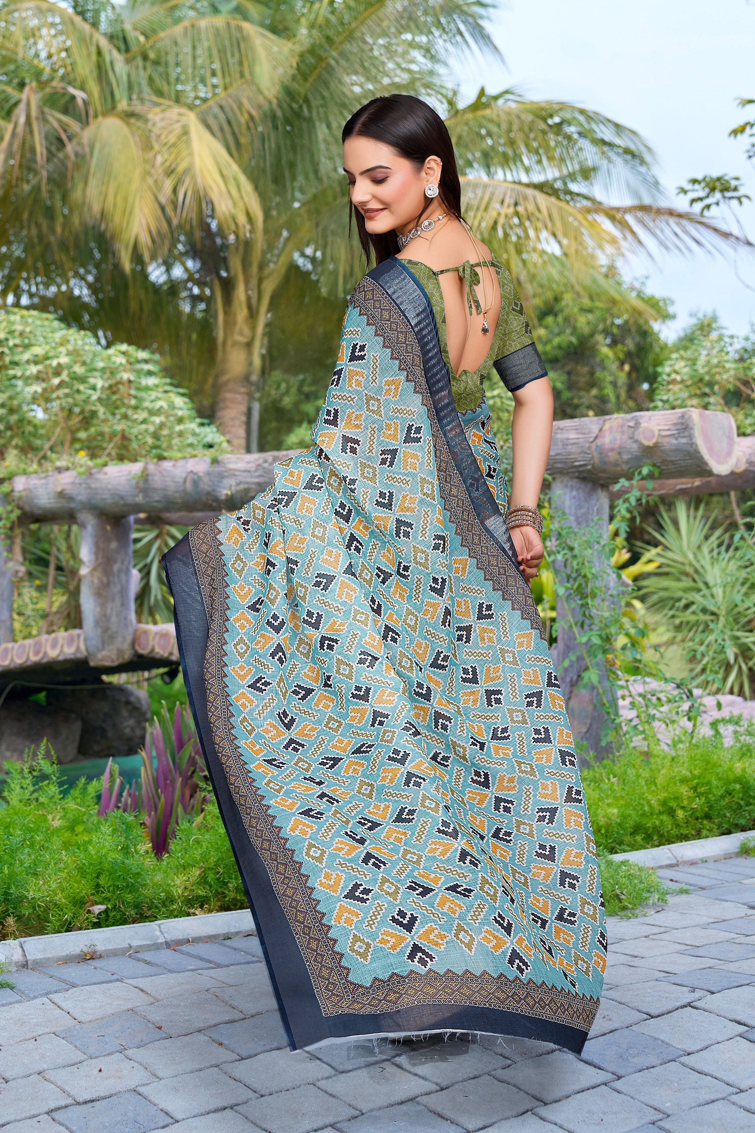 Green Linen Cotton Woven Border Designer Printed Saree