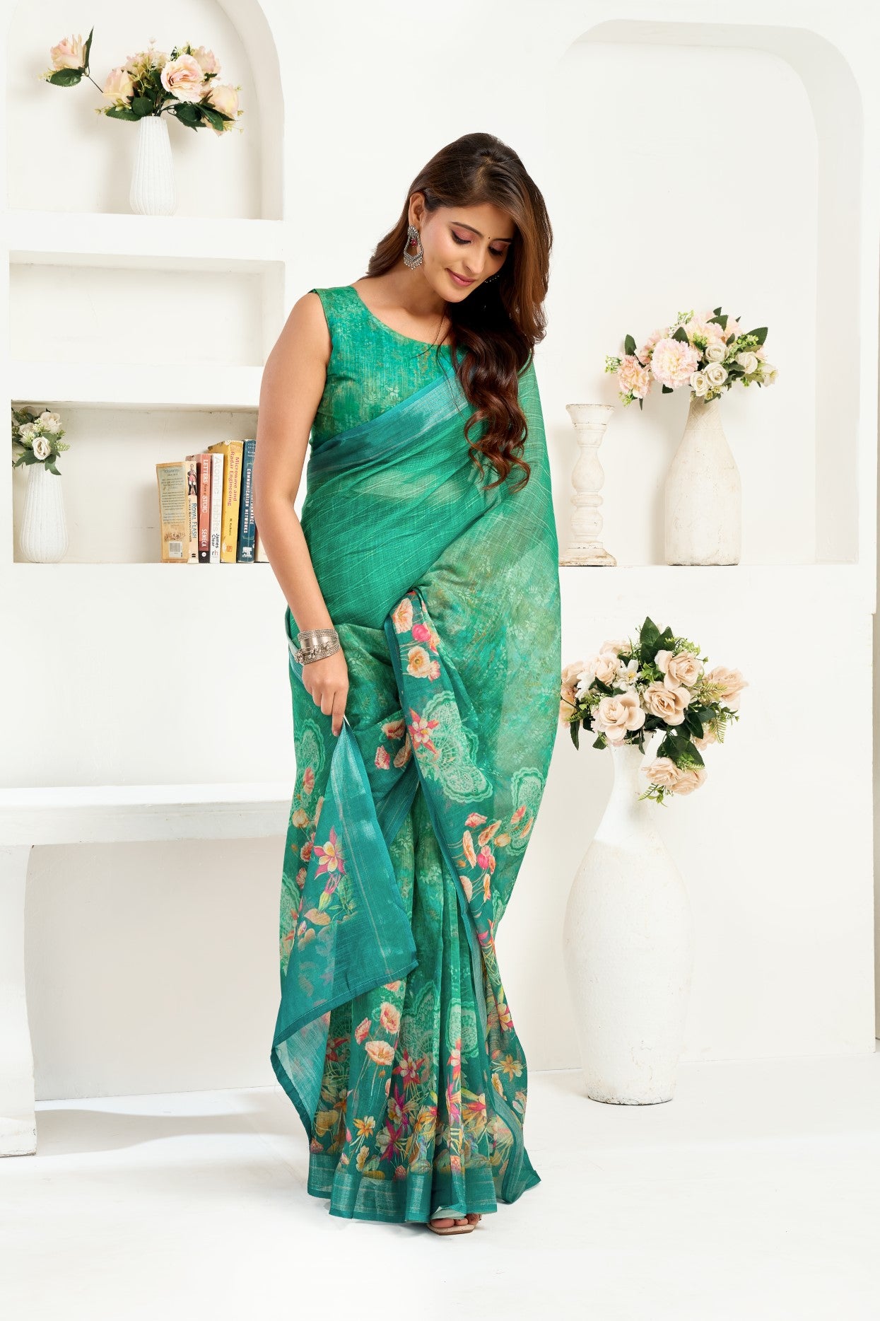 Green Linen Ready To Wear Saree With Zari Border Printed