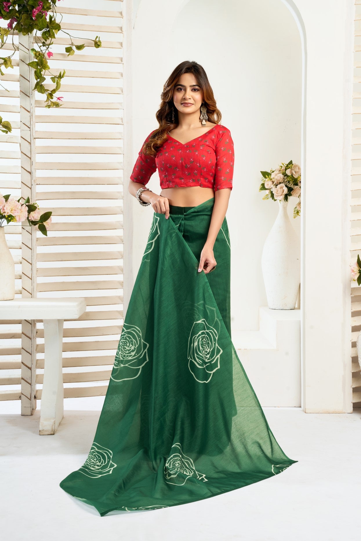 Green Linen Ready To Wear Saree With Zari Border Printed