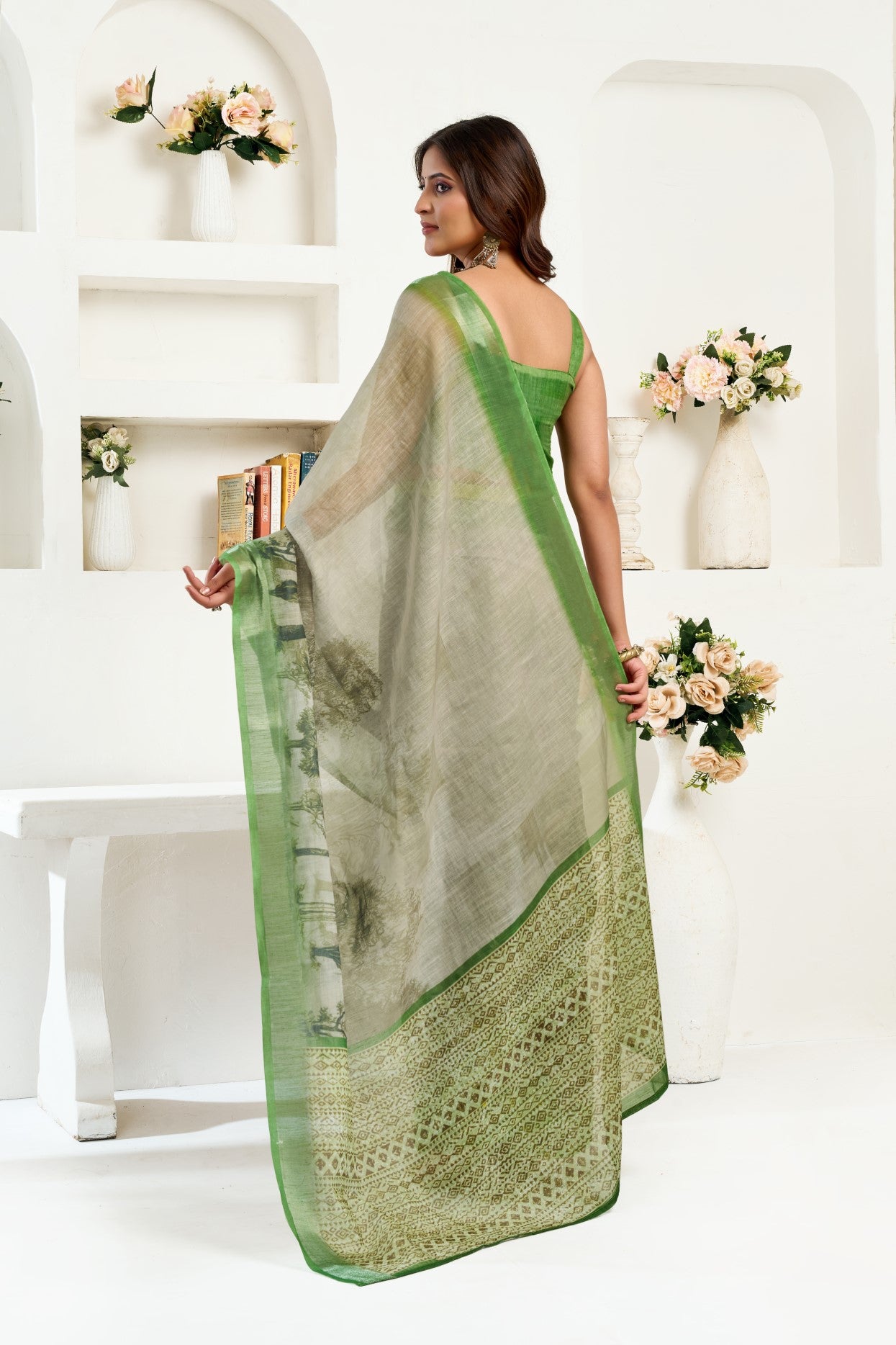 Green Linen Ready To Wear Saree With Zari Border Printed