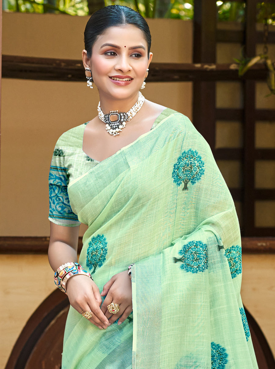Green Linen Saree With Heritage Vibes and Modern Appeal