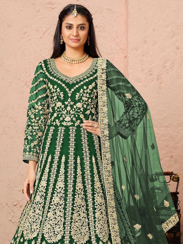 Green Net Heavy Thread Embroidery And Zari Work Anarkali Suits