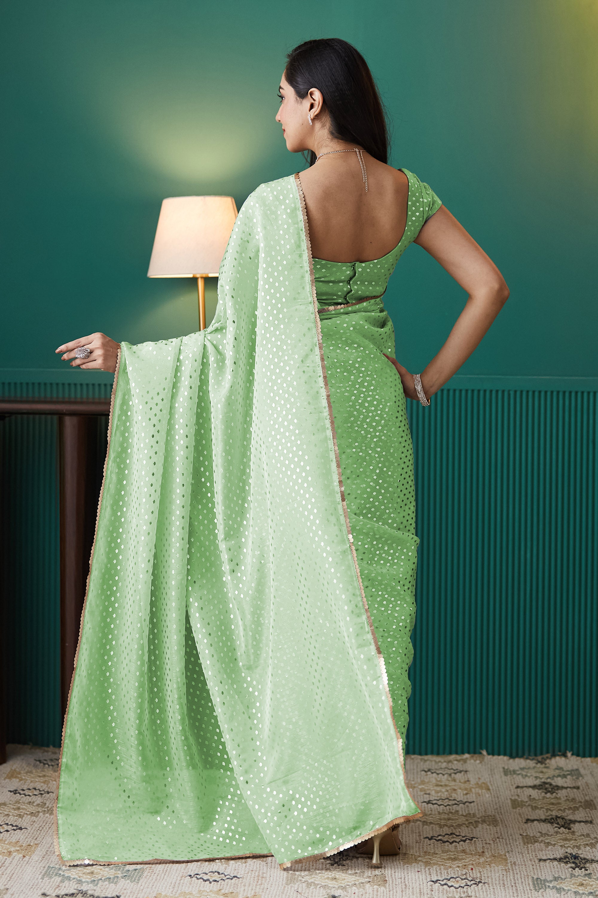 Green Organza Designer Foil Printed Ready To Wear Saree