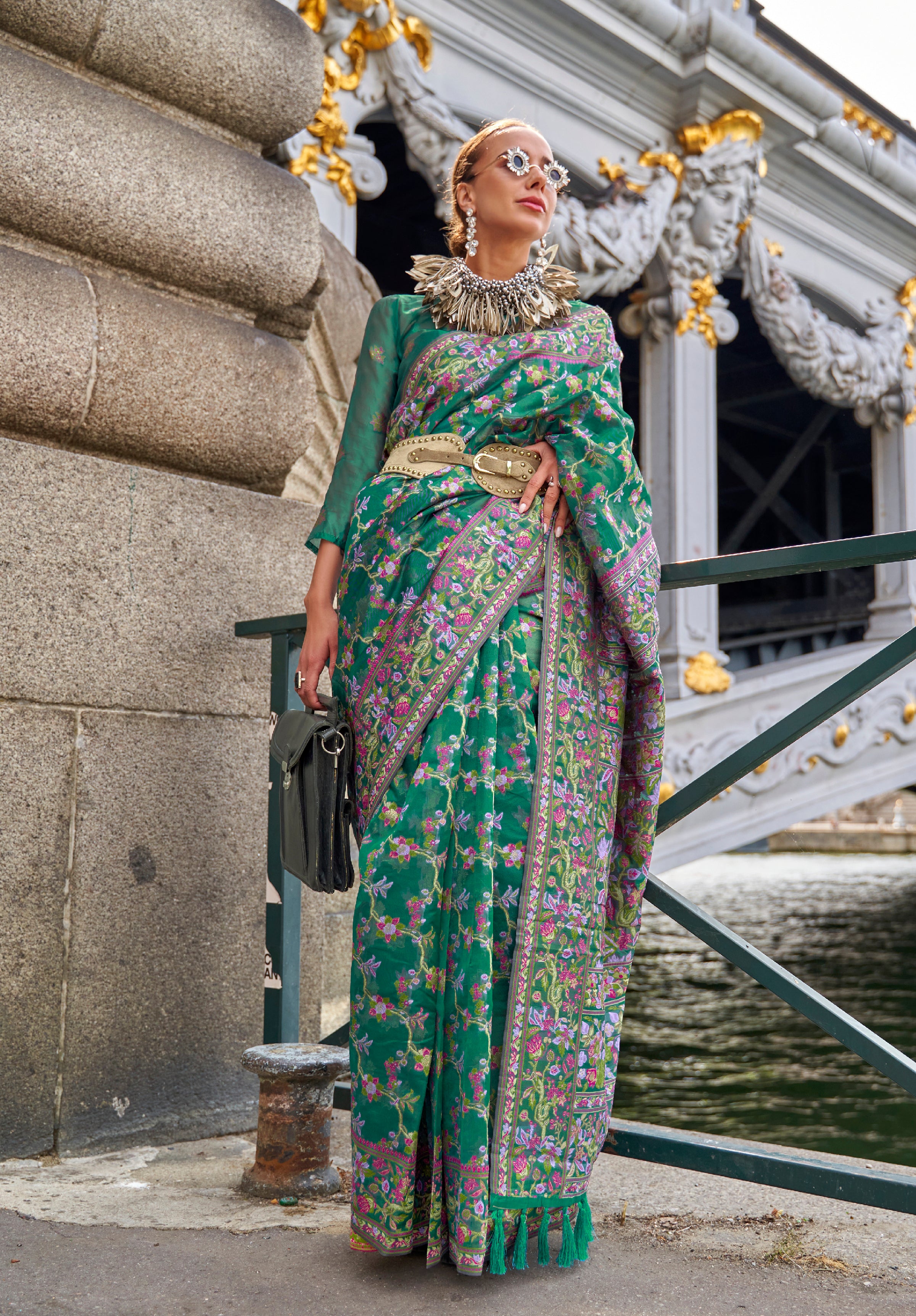 Green Organza Handloom Saree With Woven Work