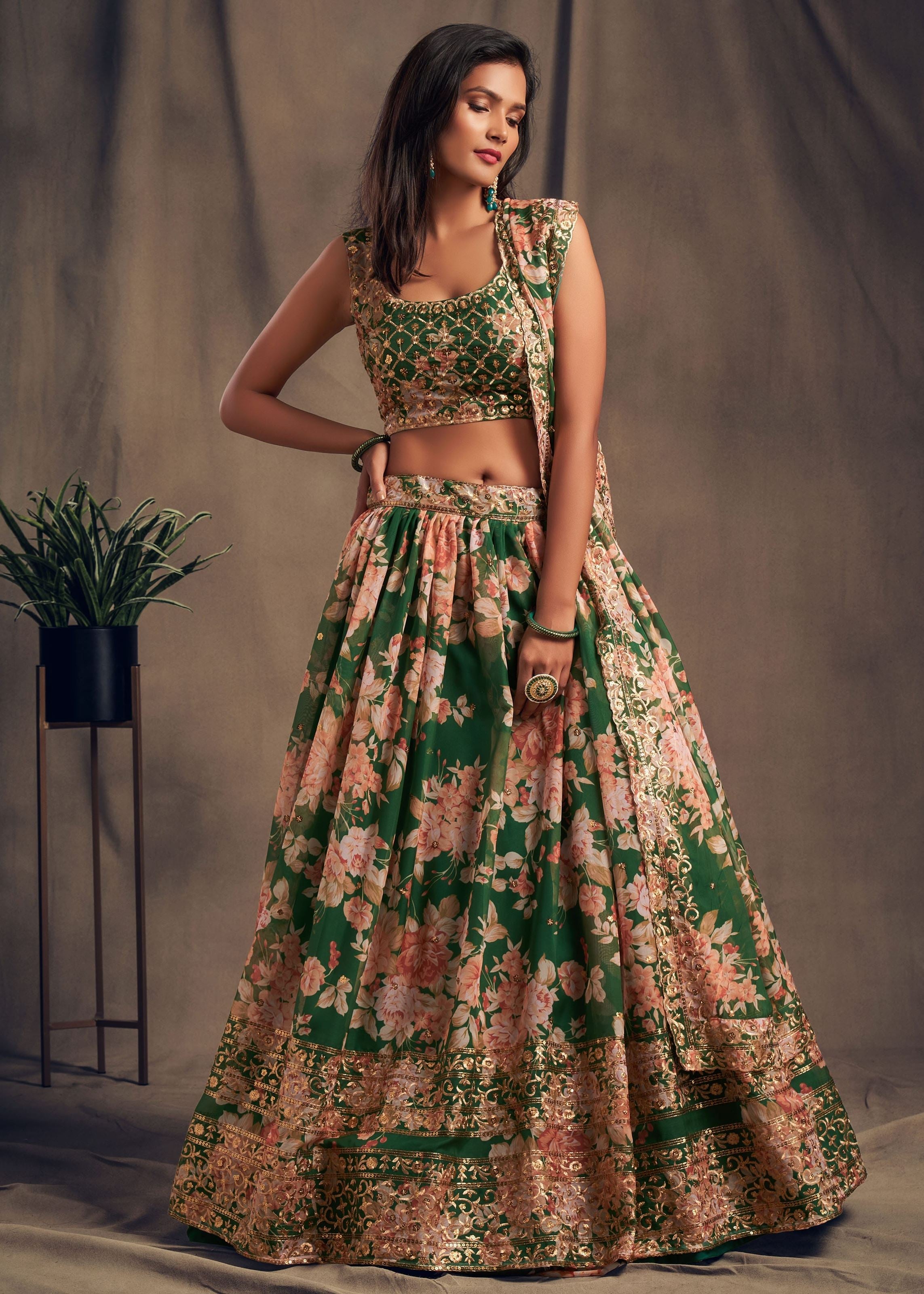 Green Organza Lehenga Choli With Sequins Zari Embroidery Work