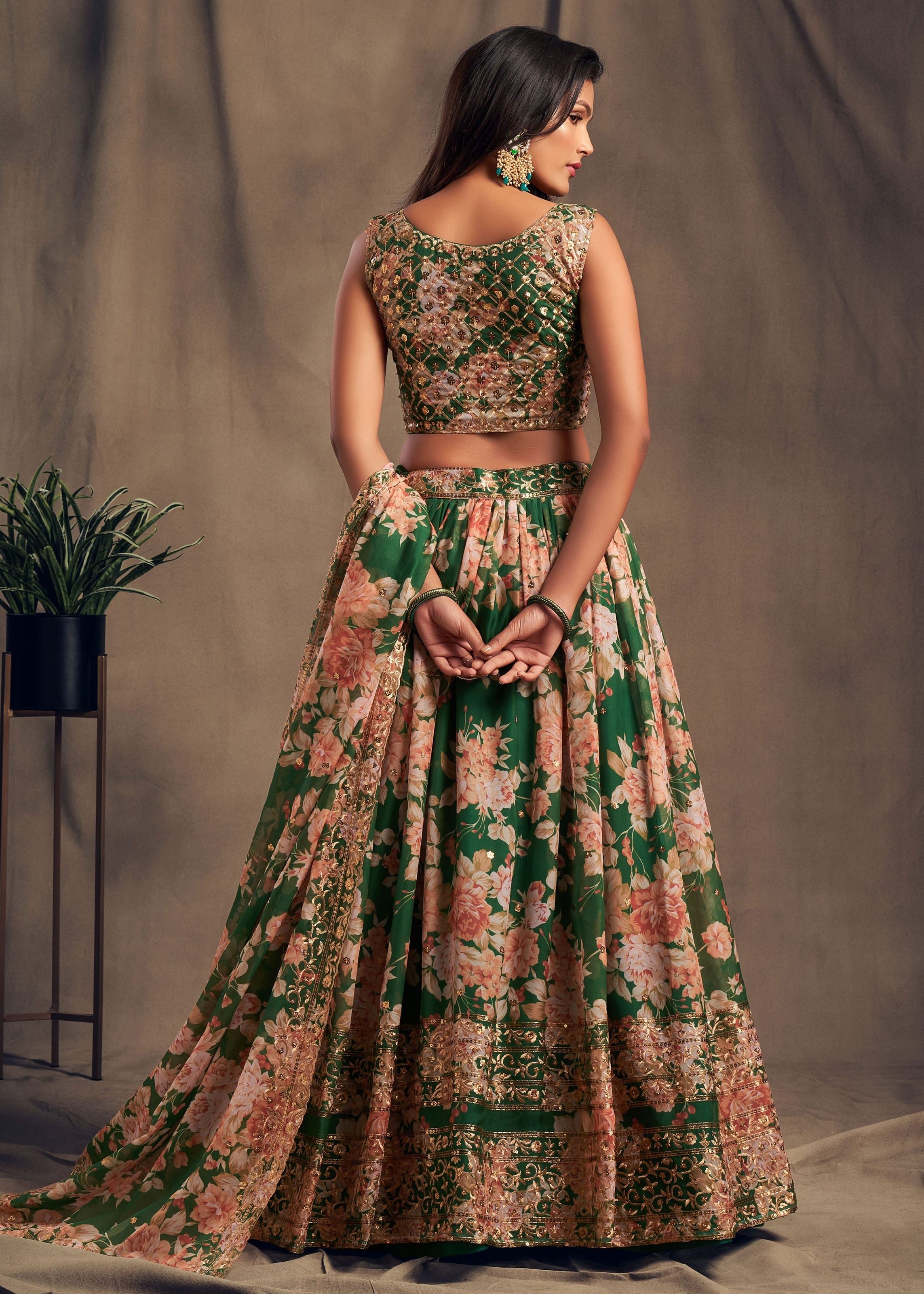 Green Organza Lehenga Choli With Sequins Zari Embroidery Work