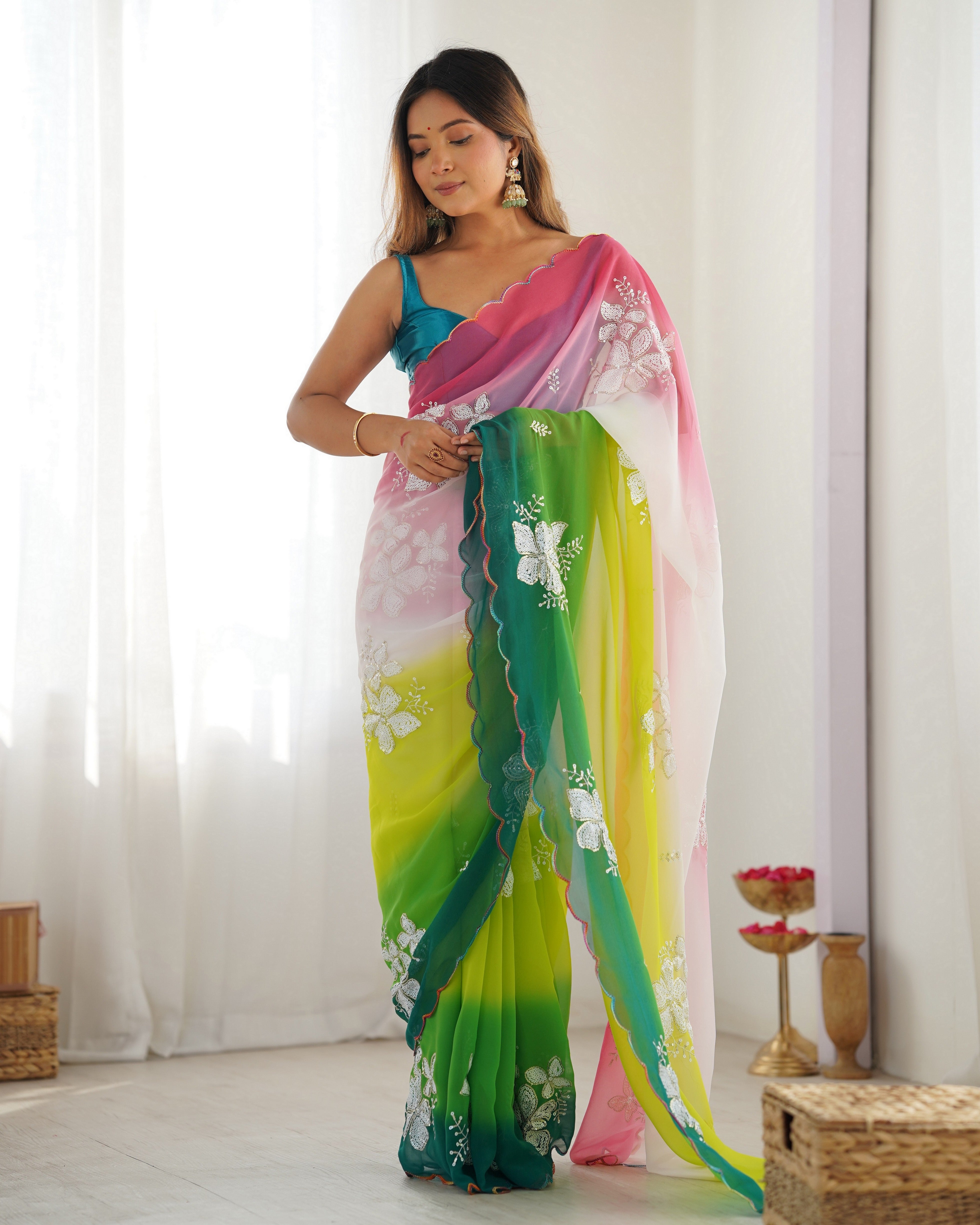 Green Padding Georgette Sequins Embroidered Saree