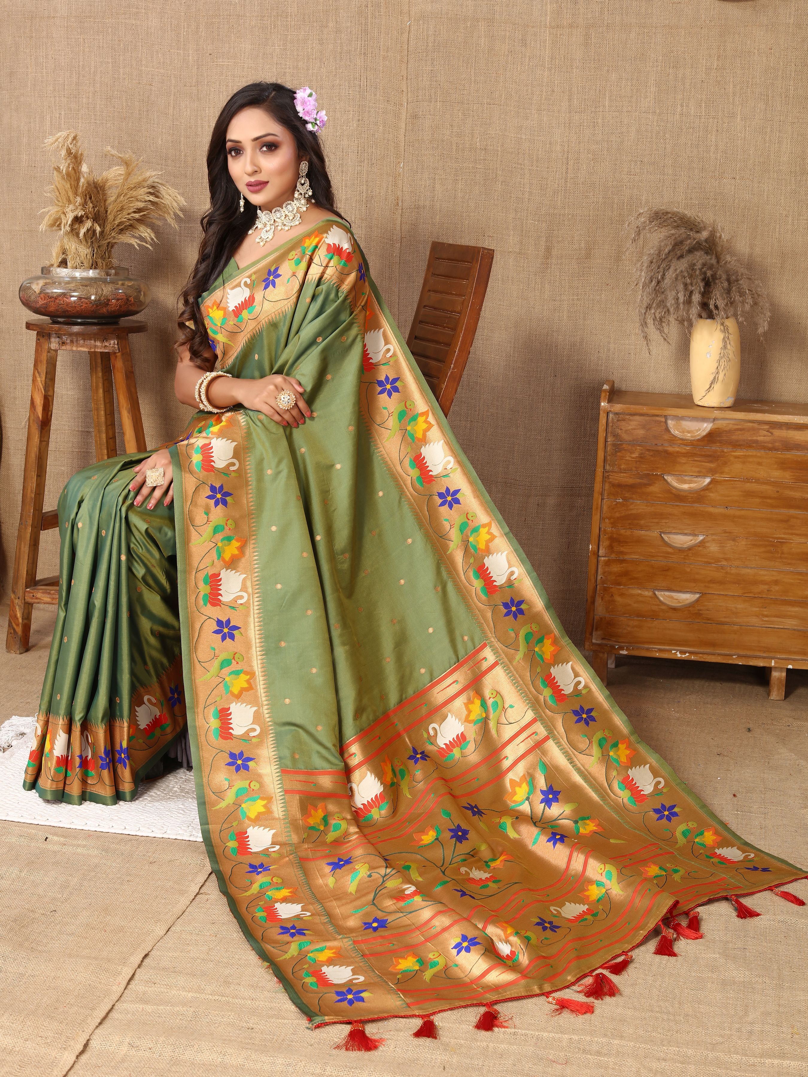Green Paithani Silk Woven Meenakari Paithani Designer Saree