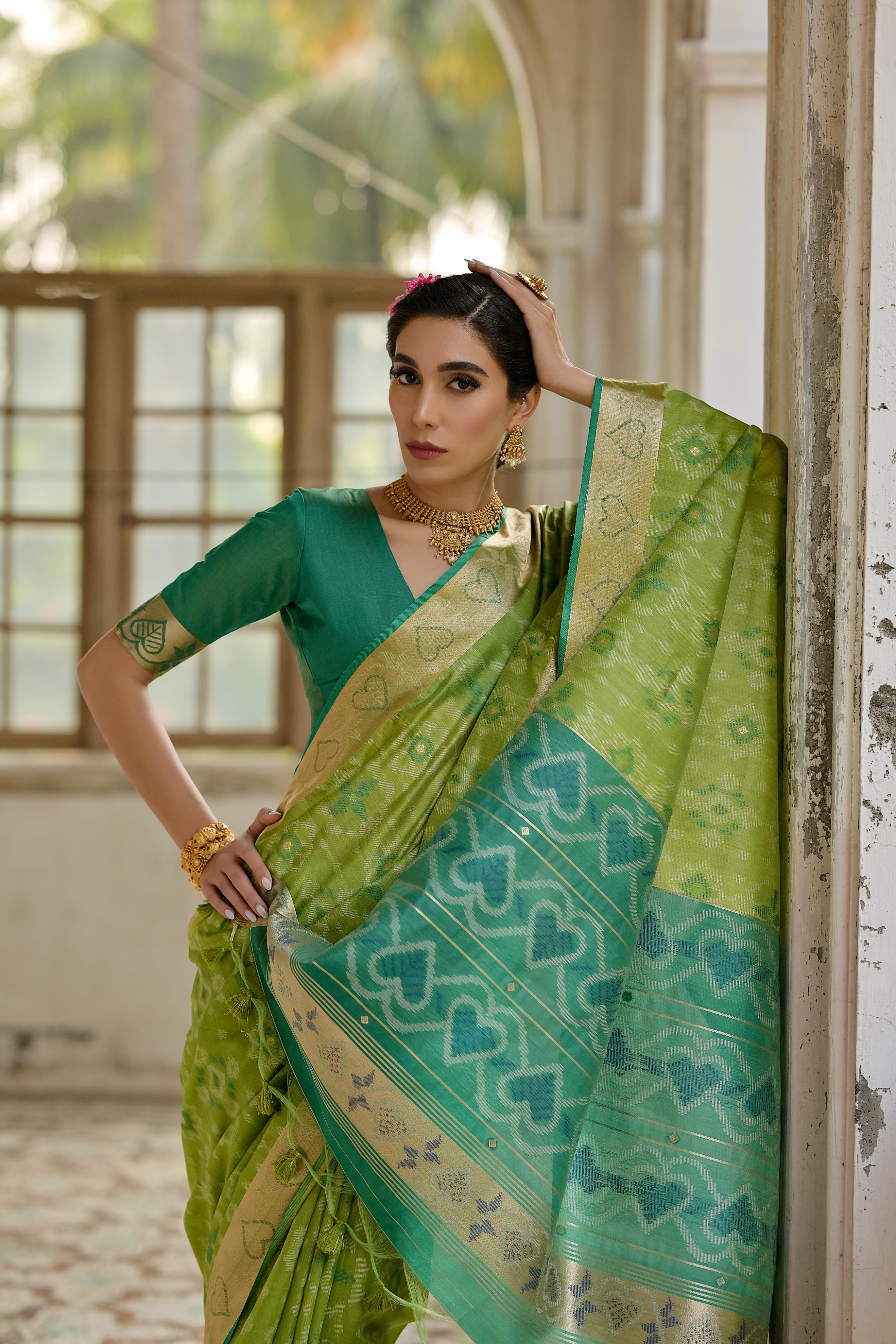 Green Raw Silk Woven Ikat Designer Ceremonial Saree